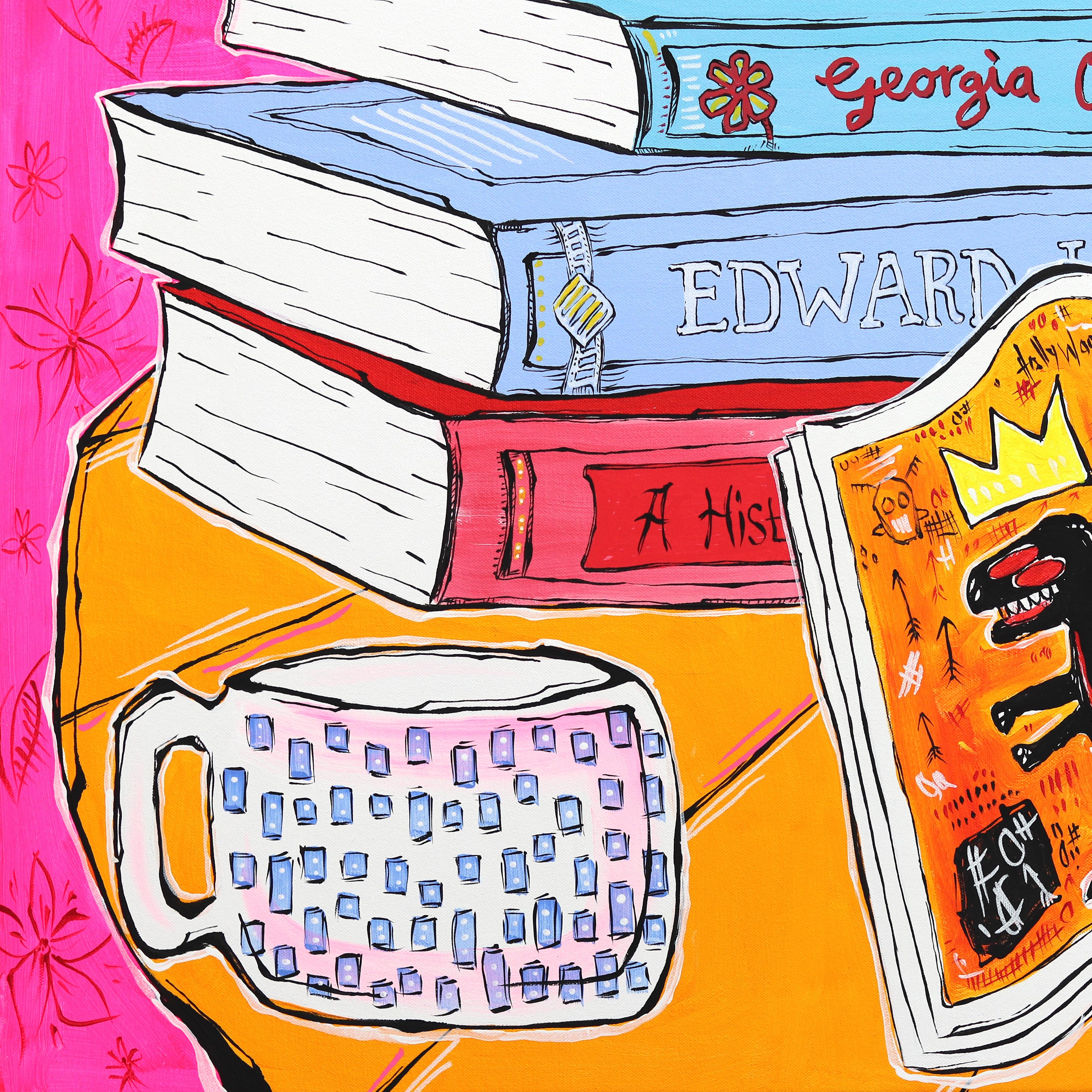 A Design for Life - Abstract Colorful Books Plant Still Life Acrylic Painting For Sale 4