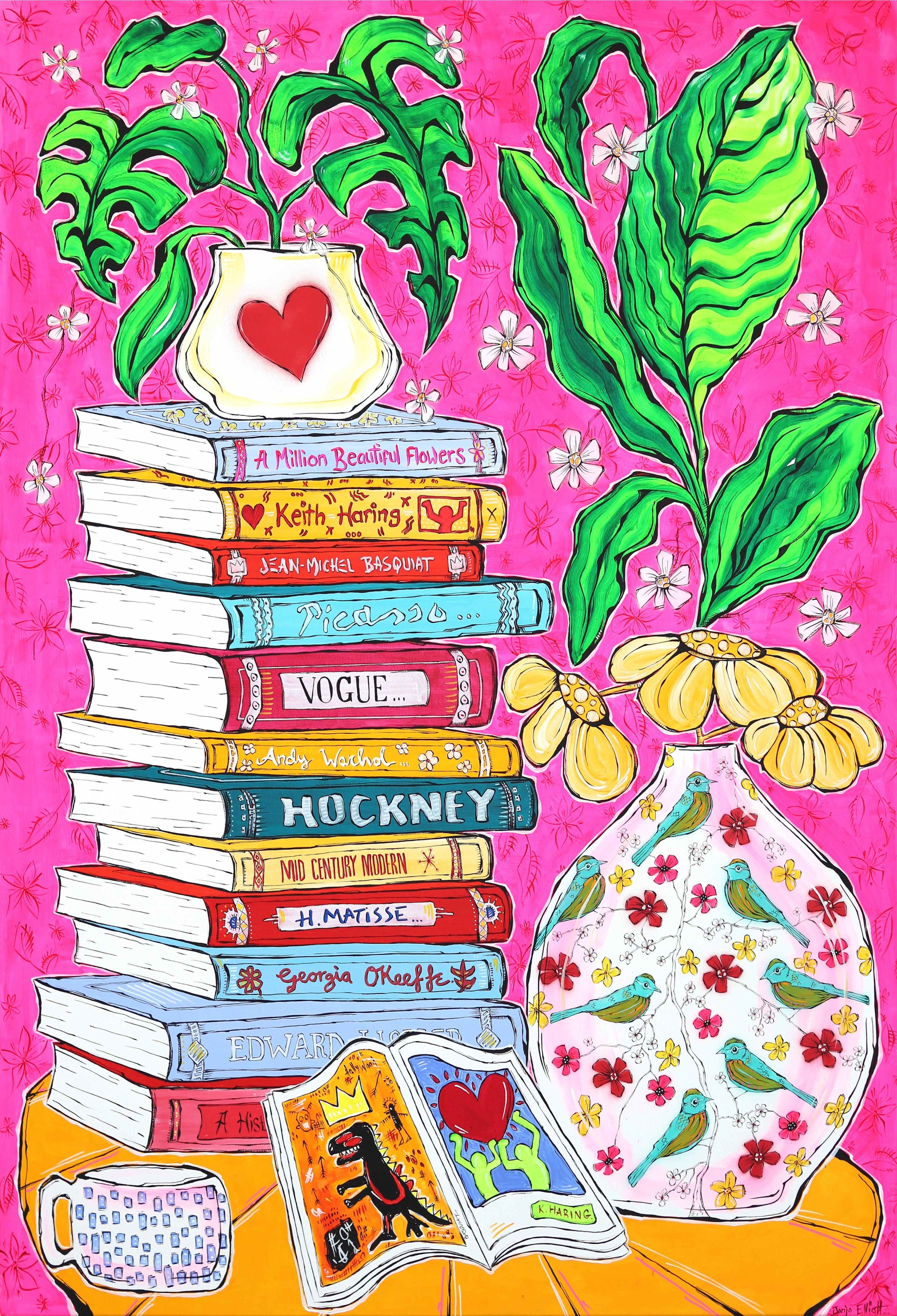 Jonjo Elliott Still-Life Painting - A Design for Life - Abstract Colorful Books Plant Still Life Acrylic Painting