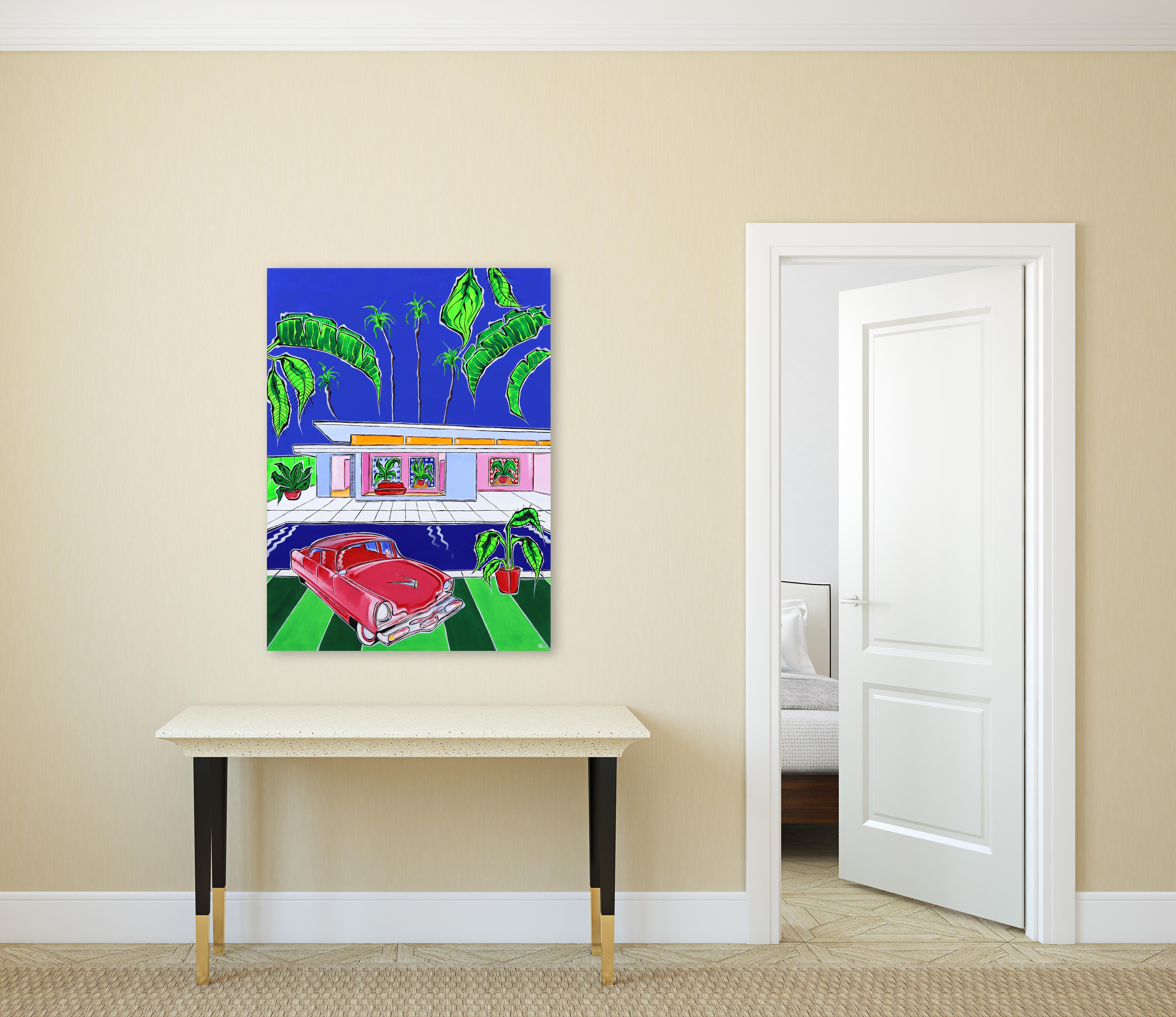 Endless Summer - Vibrant Colorful Original Modern Home and Vintage Car Painting For Sale 2
