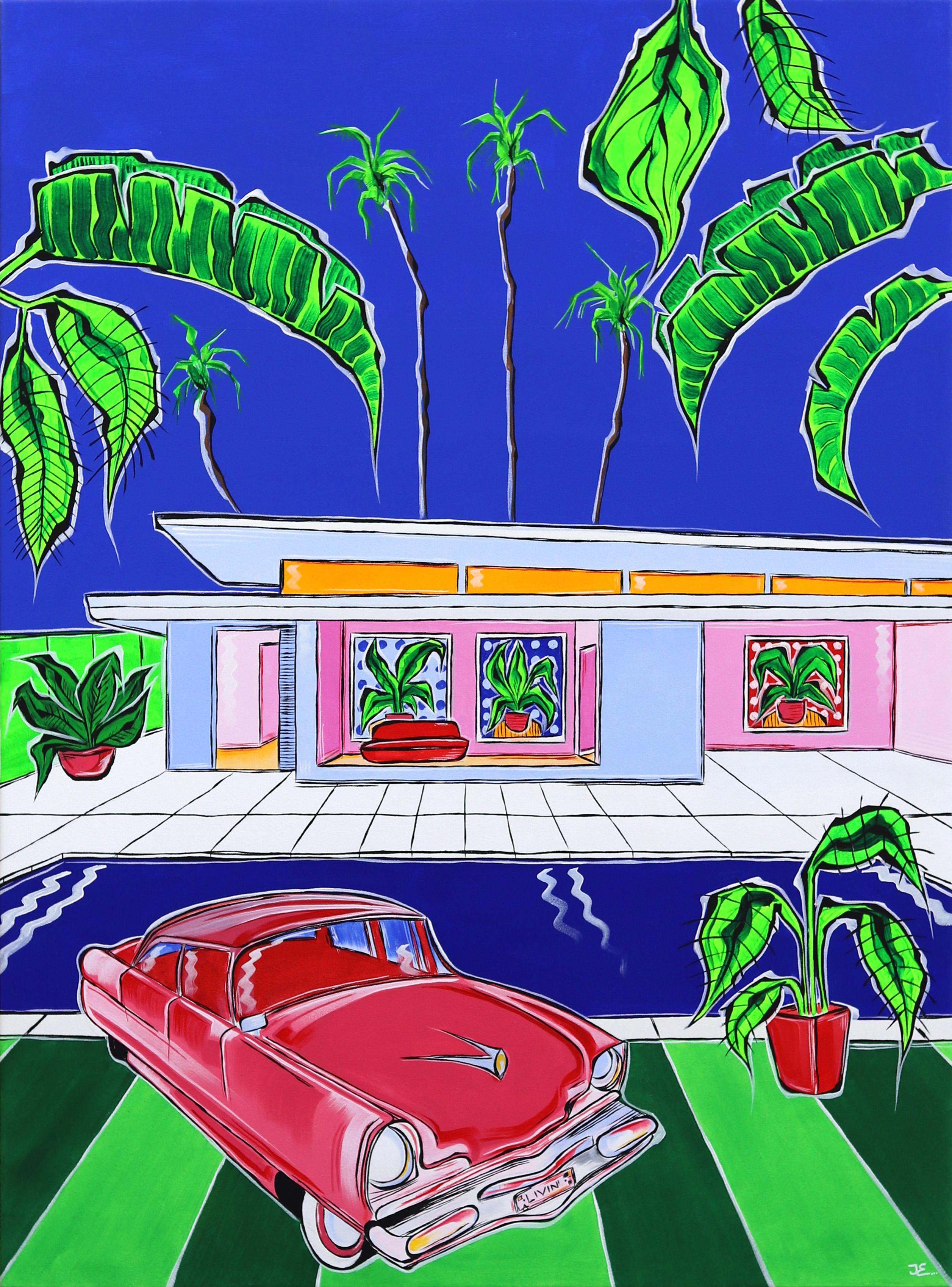 Figurative Painting de Jonjo Elliott - Verano sin fin - Pintura original de colores vibrantes sobre un hogar moderno y un coche antiguo