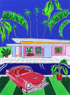 Été sans fin - Peinture originale et colorée de maison moderne et de voiture vintage