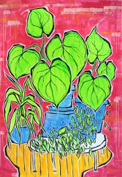 Feu d'artifice à minuit - Grande peinture contemporaine vibrante de nature morte botanique