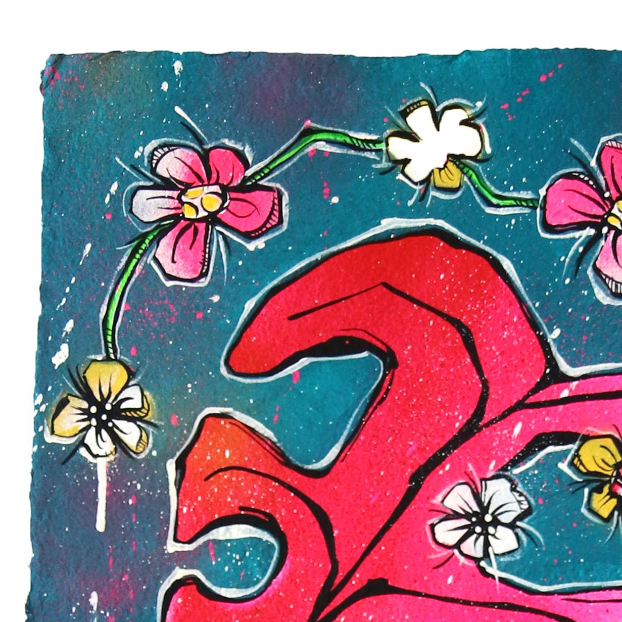 Haring Pot & A Pink Bloom - Pintura acrílica abstracta de naturaleza muerta con plantas de colores - Painting de Jonjo Elliott