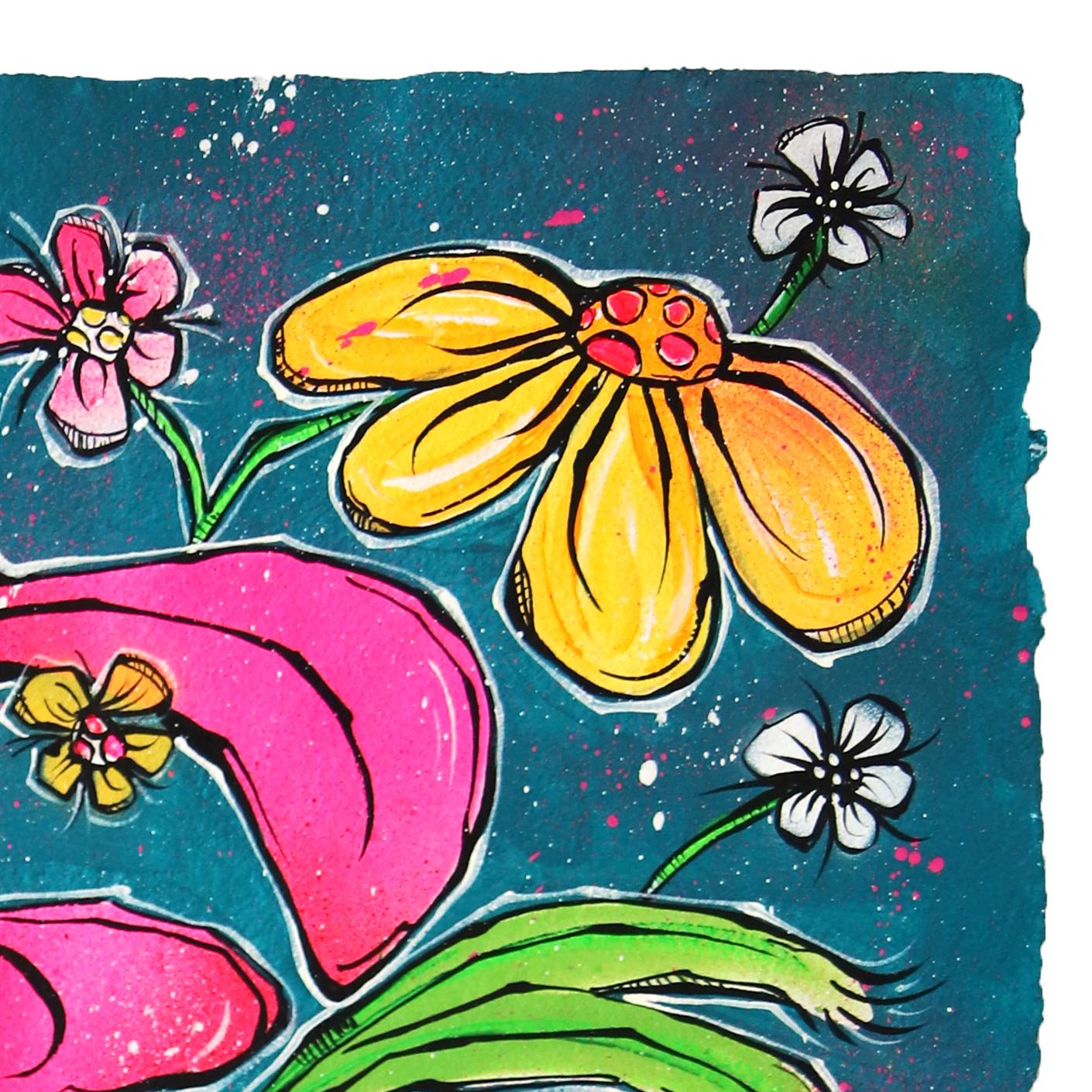 Haring Pot & A Pink Bloom - Pintura acrílica abstracta de naturaleza muerta con plantas de colores - Painting Arte pop de Jonjo Elliott