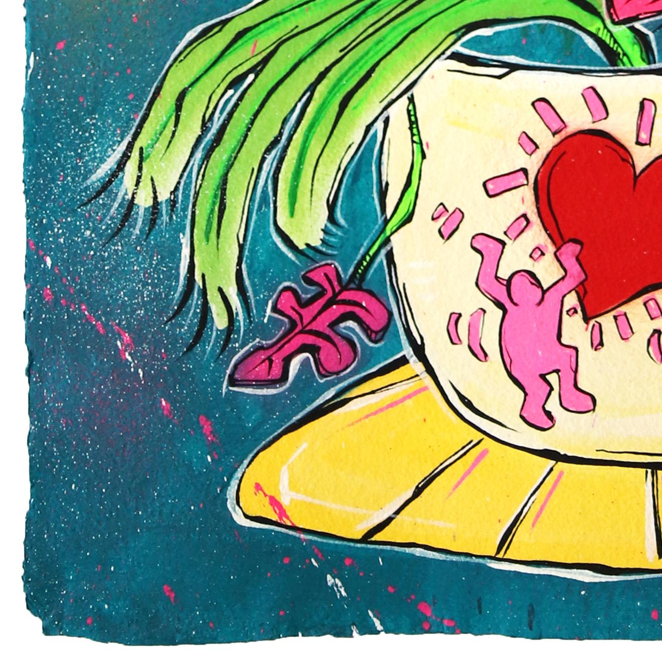 Haring Pot & A Pink Bloom - Pintura acrílica abstracta de naturaleza muerta con plantas de colores - Still-Life Painting Azul de Jonjo Elliott