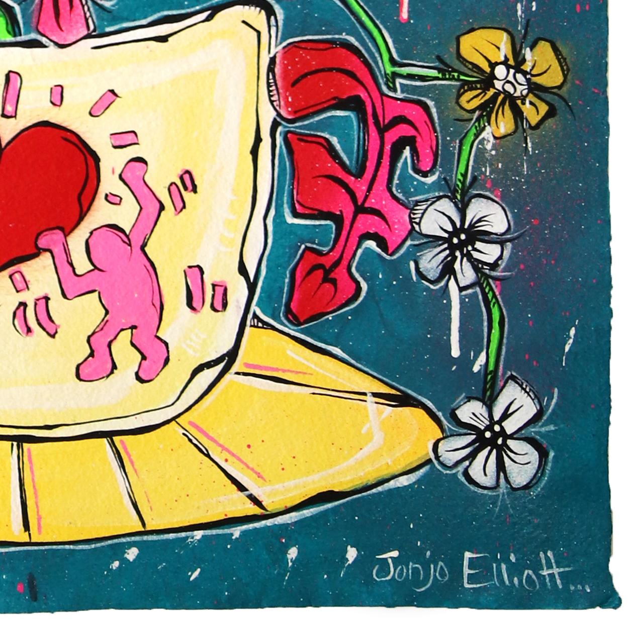 Las obras del artista inglés Jonjo Elliot son una colisión de fauvismo expresionista y sus colecciones fomentan un candor juvenil. Las plantas prosperan en entornos en los que el espectador quiere sumergirse. Le interesa el punto de cruce entre el