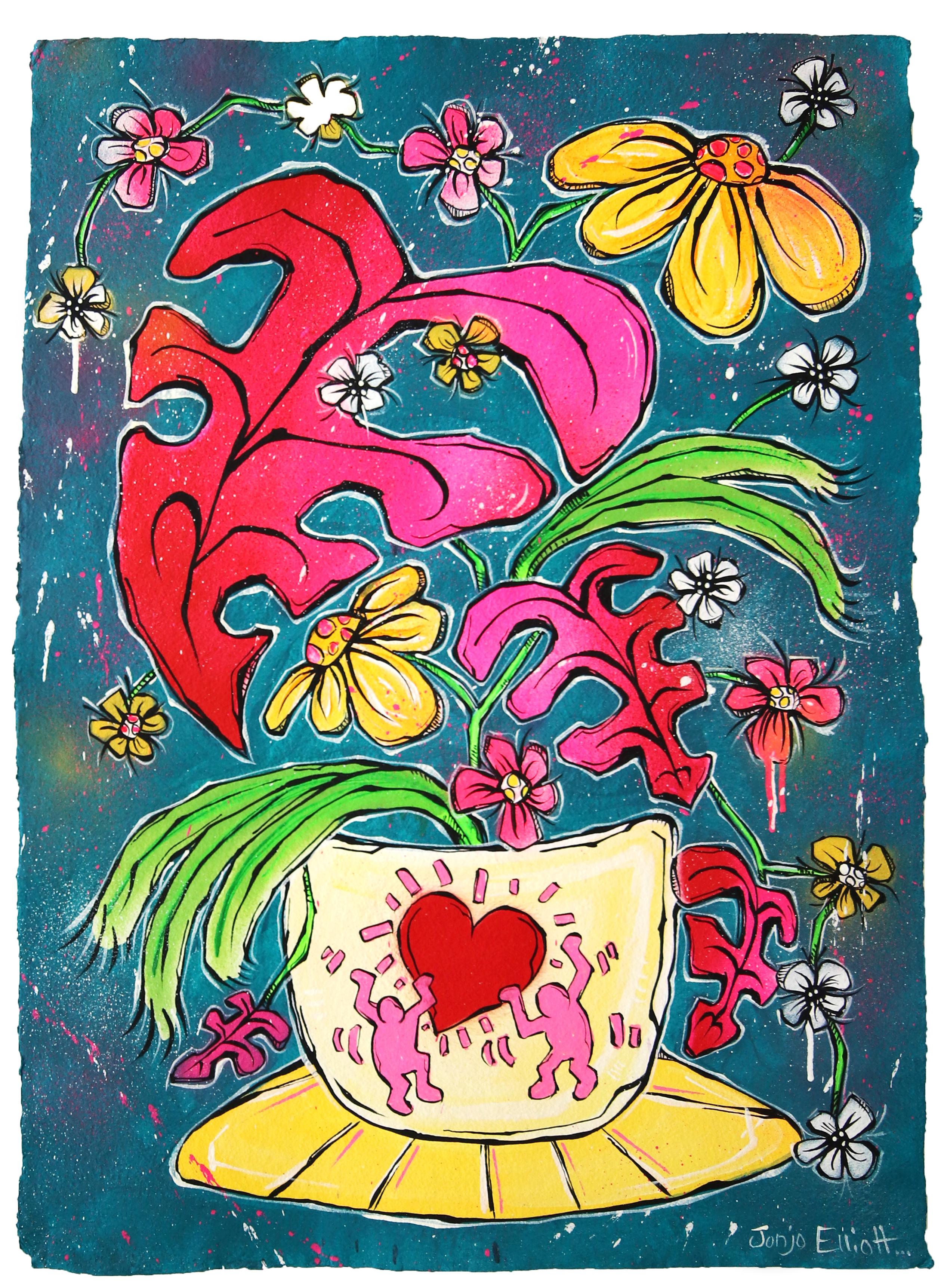 Still-Life Painting de Jonjo Elliott - Haring Pot & A Pink Bloom - Pintura acrílica abstracta de naturaleza muerta con plantas de colores
