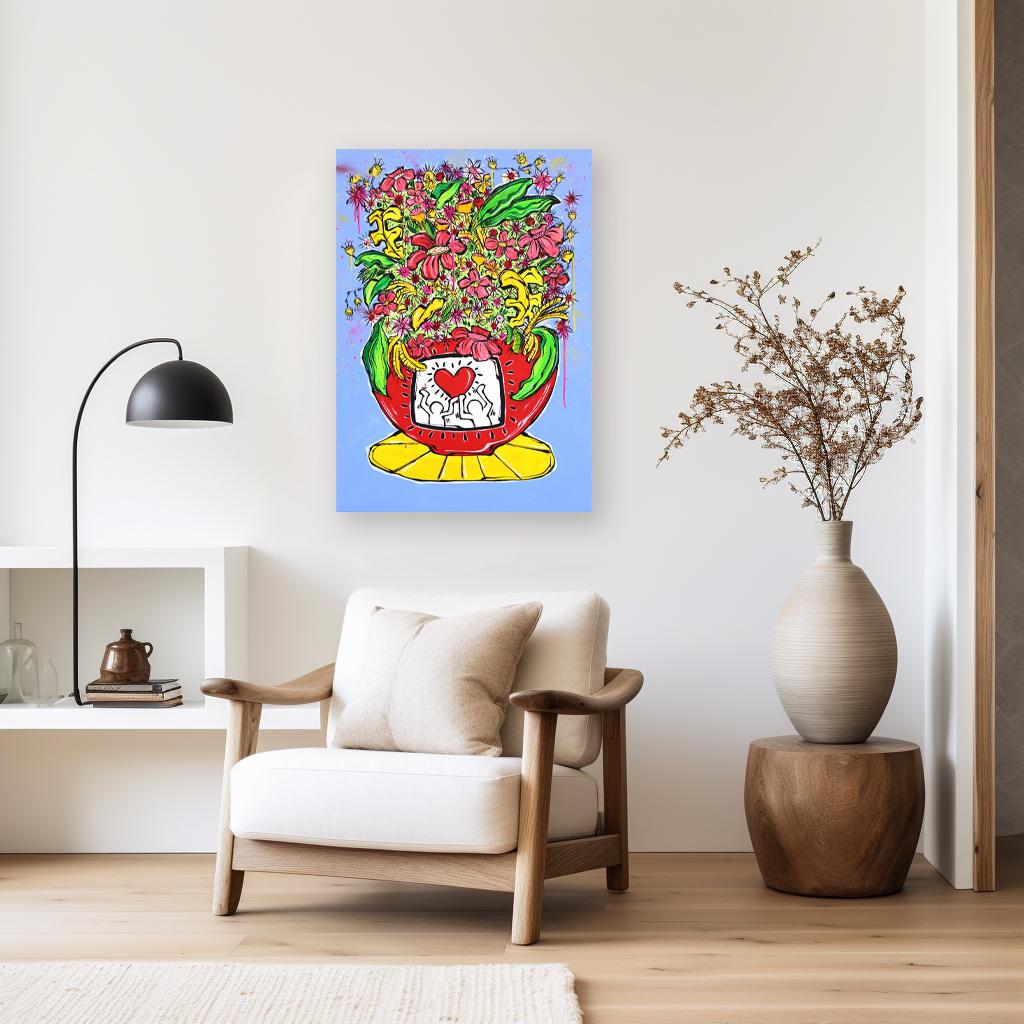 Keith's Big Pot - Colorful Vibrant Contemporary Botanical Still Life Painting - Gray Still-Life Painting by Jonjo Elliott