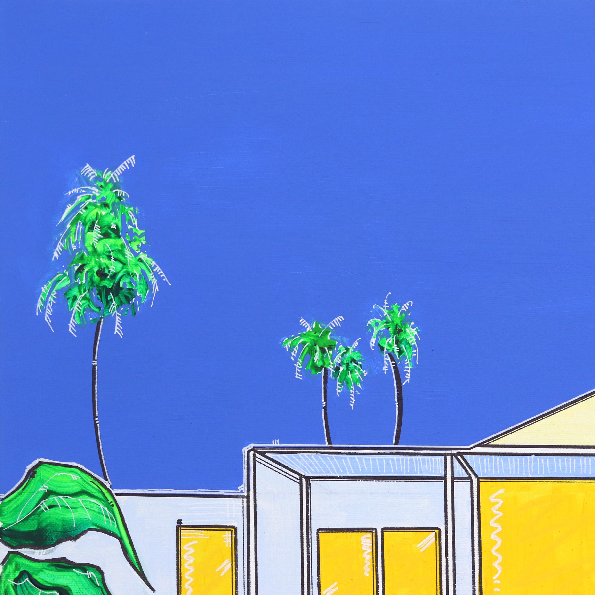 Palm House - Vibrant Original Modern Architecture and Pool Painting - Blue Interior Painting by Jonjo Elliott