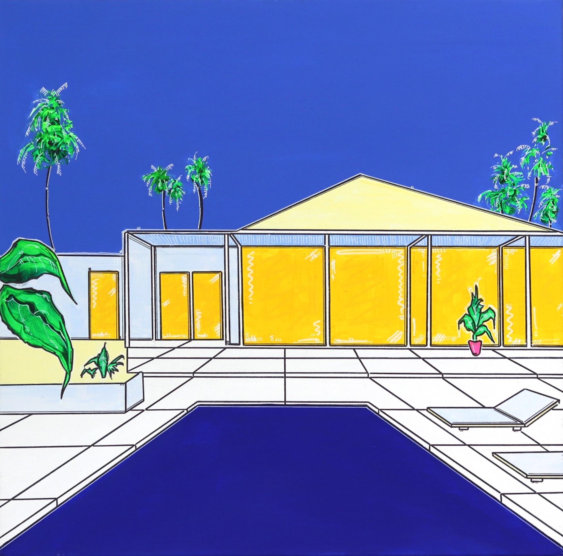 Jonjo Elliott Interior Painting – Palm House – Leuchtende Original-Modern-Architektur und Poolmalerei