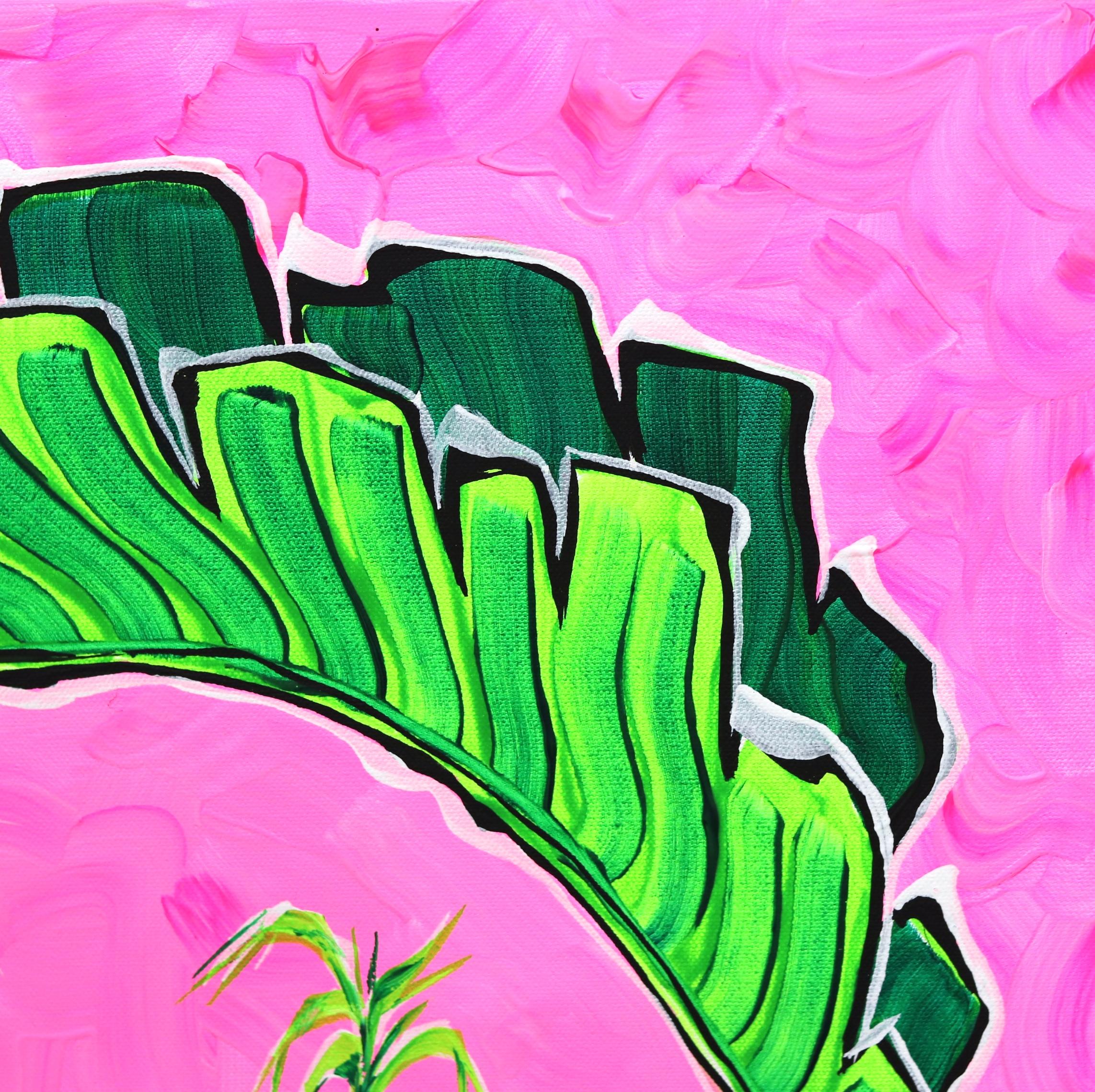 Rosa Himmel I – farbenfrohes, originales, minimalistisches Pop-Art-Gemälde mit architektonischen Details (Pink), Still-Life Painting, von Jonjo Elliott
