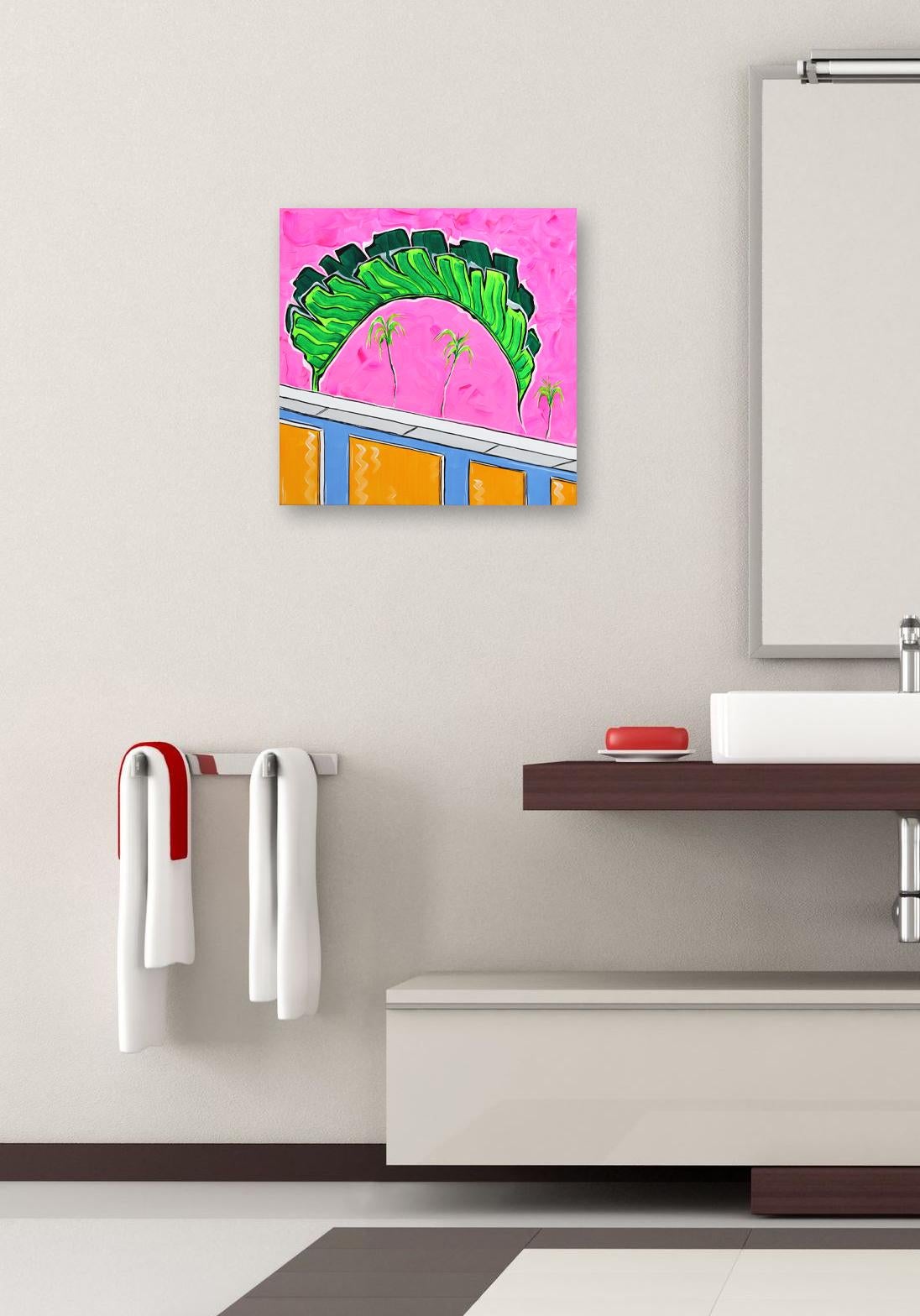 Rosa Himmel I – farbenfrohes, originales, minimalistisches Pop-Art-Gemälde mit architektonischen Details im Angebot 2