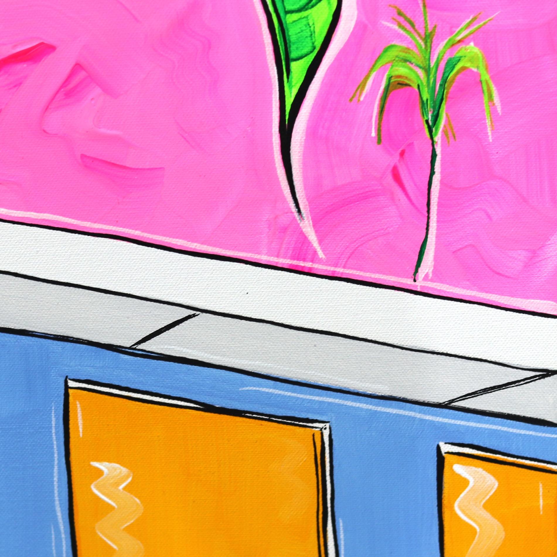 Rosa Himmel I – farbenfrohes, originales, minimalistisches Pop-Art-Gemälde mit architektonischen Details im Angebot 4
