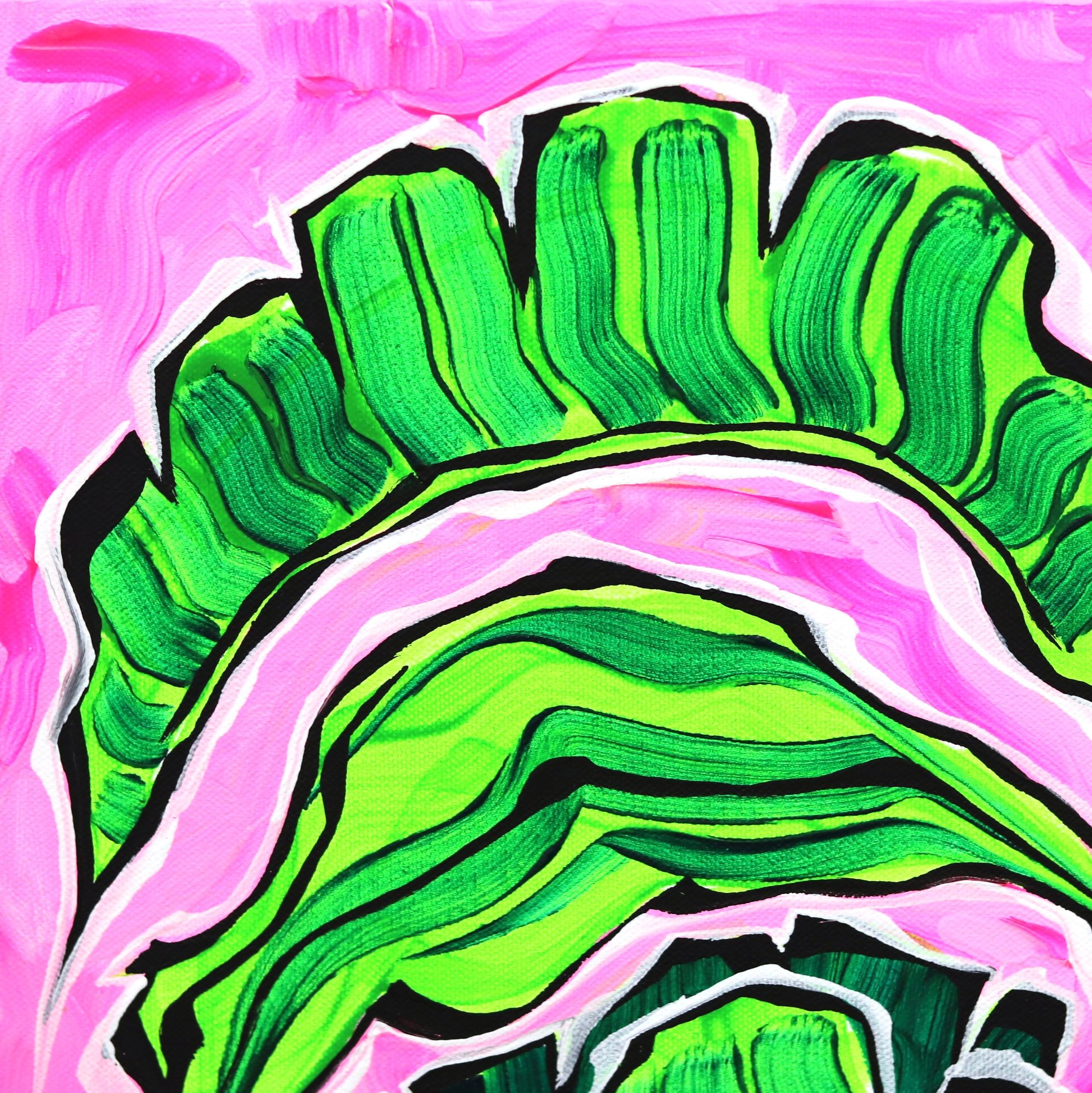 Rosa Himmel II – farbenfrohes Original Pop-Art-Gemälde mit grüner Palme auf lebhaftem rosa Farbton (Pink), Still-Life Painting, von Jonjo Elliott