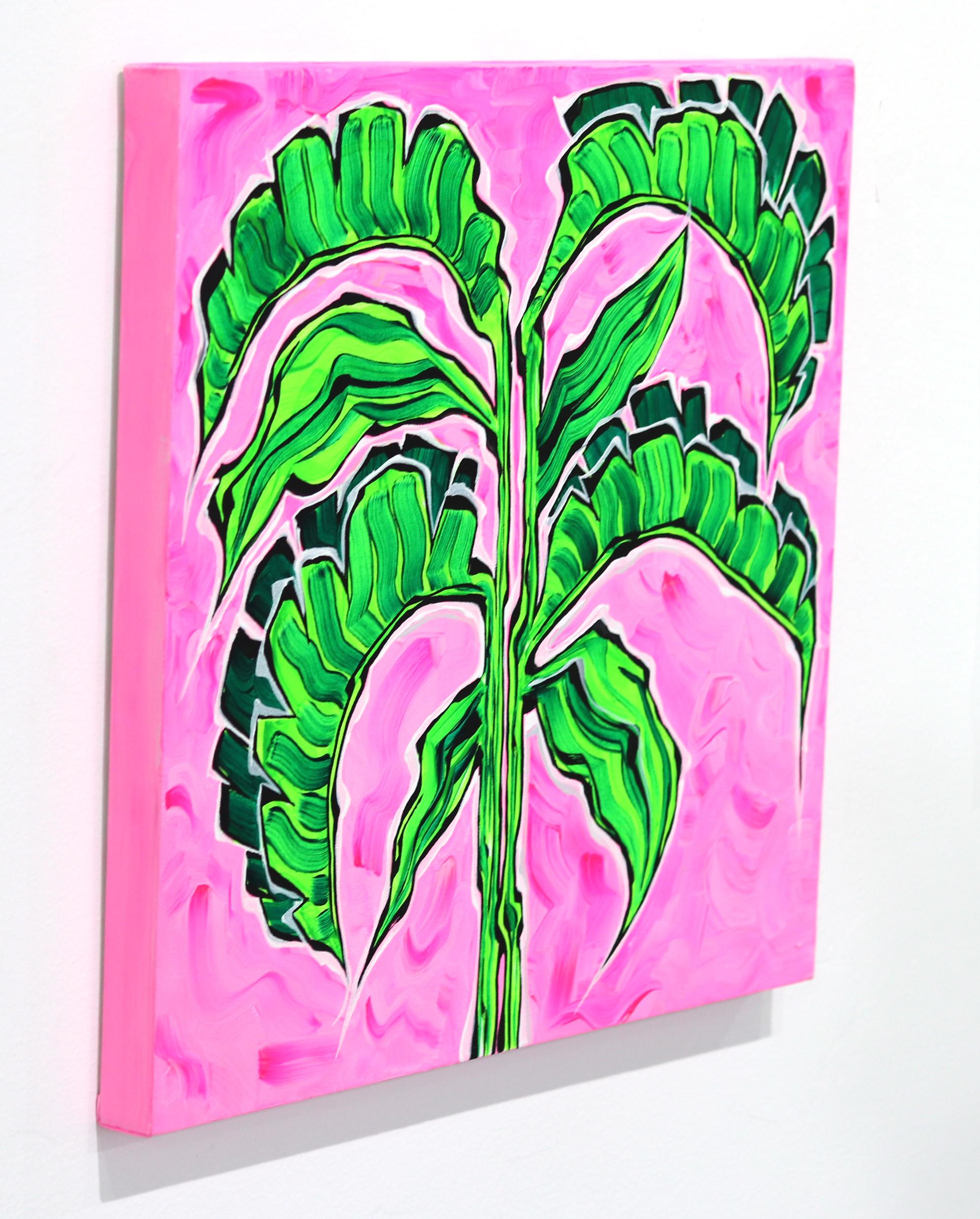 Peinture Pop Art originale de palmier vert sur ciel rose vif - Rose II en vente 1