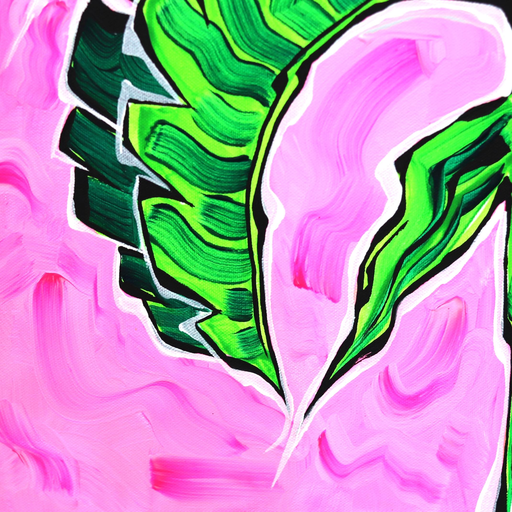 Peinture Pop Art originale de palmier vert sur ciel rose vif - Rose II en vente 2