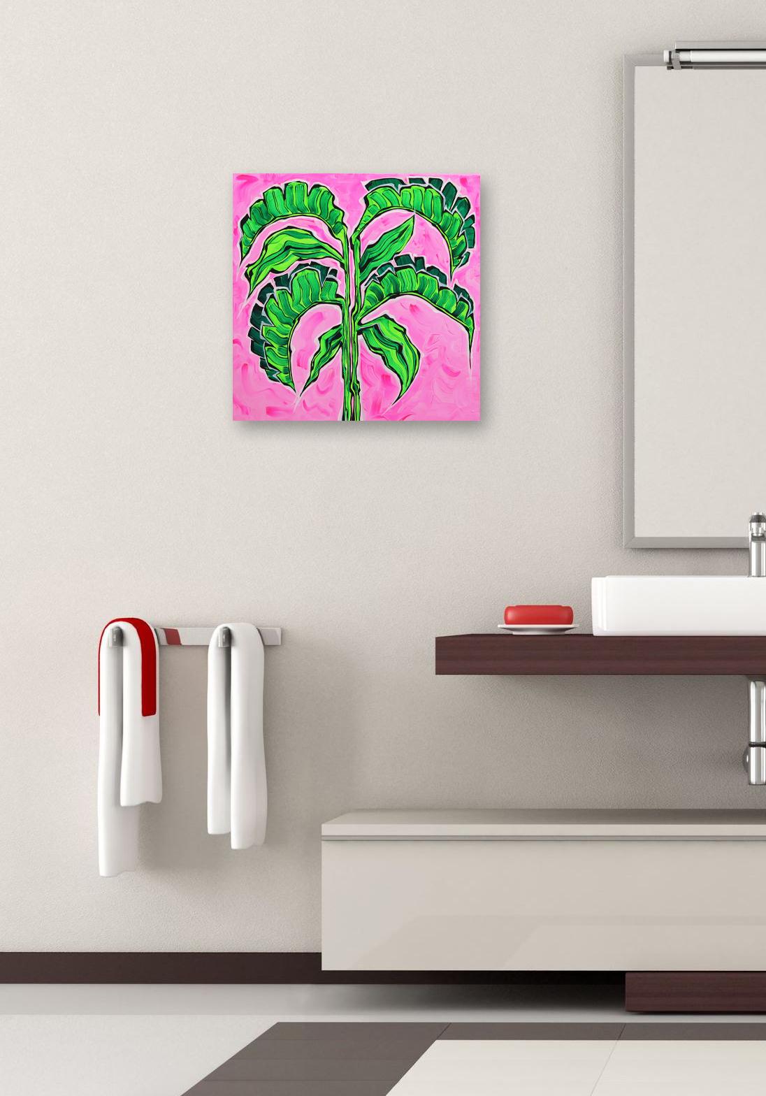 Peinture Pop Art originale de palmier vert sur ciel rose vif - Rose II en vente 3