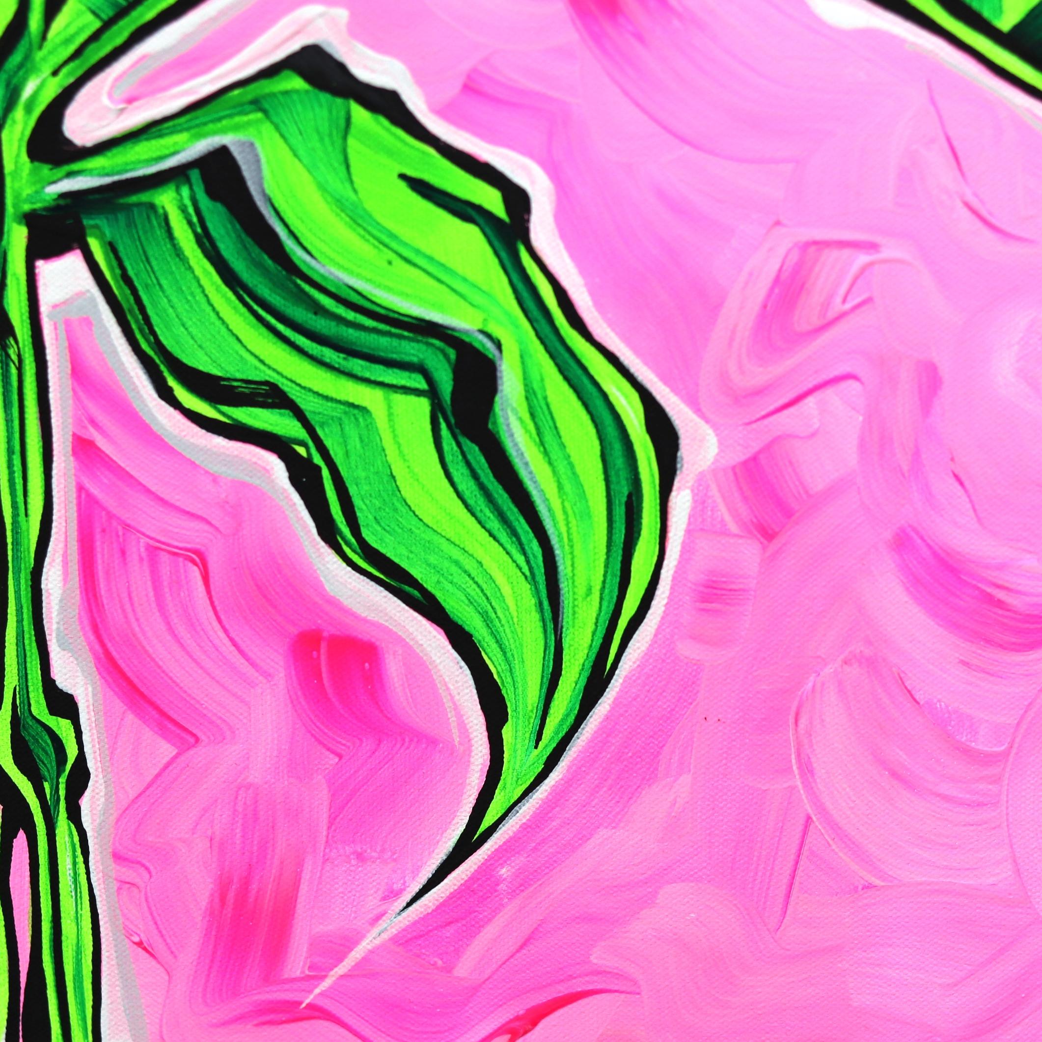 Rosa Himmel II – farbenfrohes Original Pop-Art-Gemälde mit grüner Palme auf lebhaftem rosa Farbton im Angebot 3