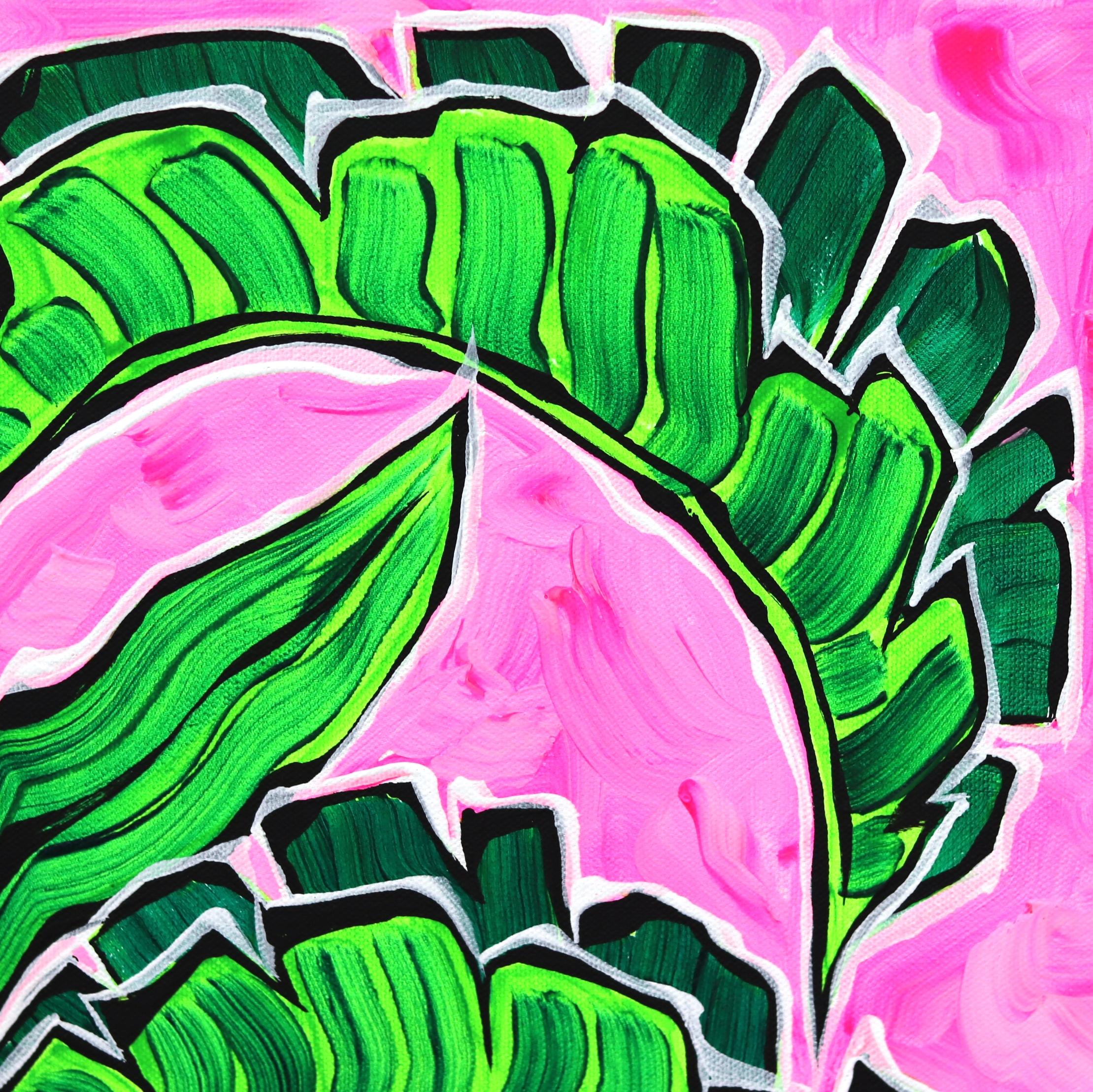 Rosa Himmel II – farbenfrohes Original Pop-Art-Gemälde mit grüner Palme auf lebhaftem rosa Farbton im Angebot 4