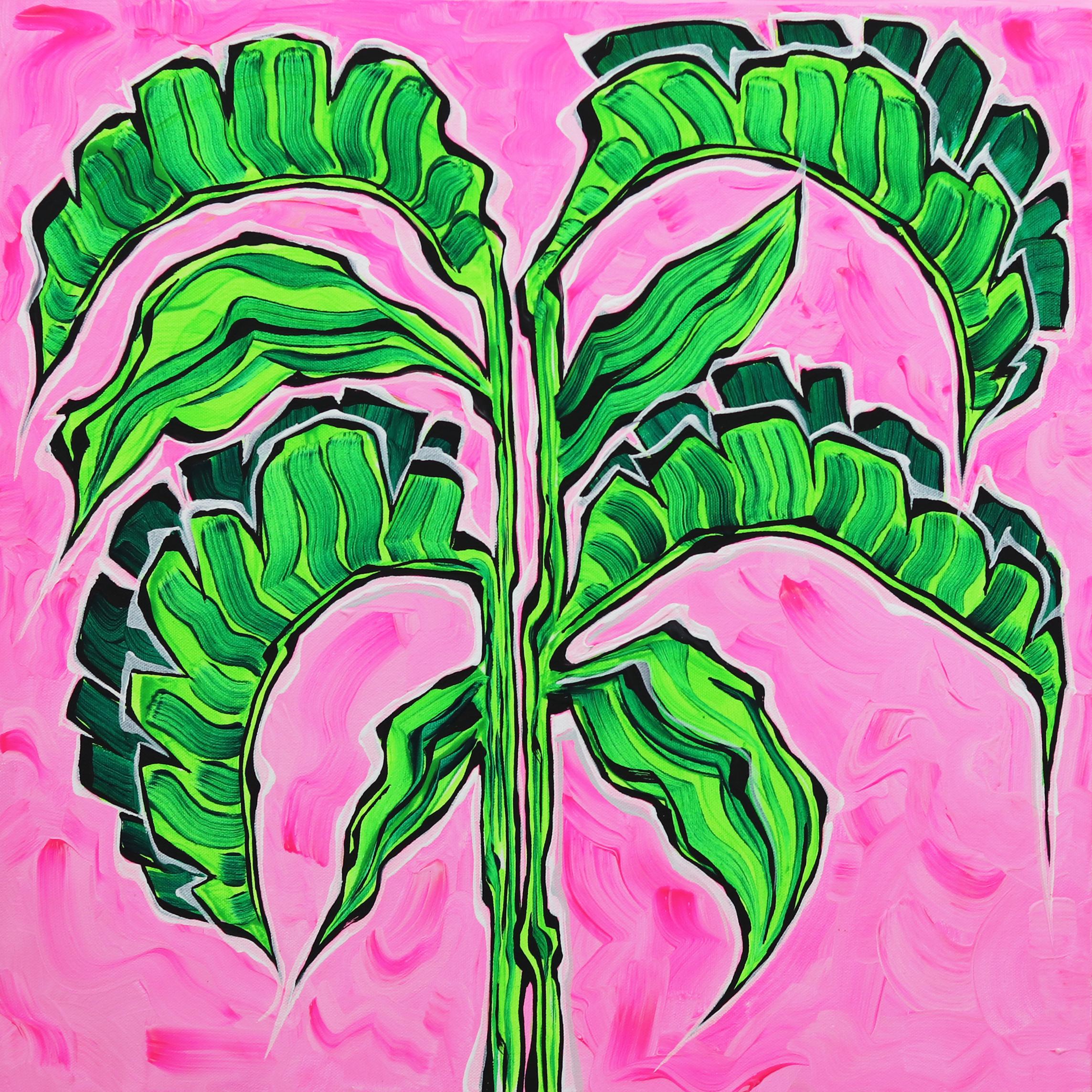 Pink Sky II - Colorful Original Pop Art Green Palm on Vibrant Pink Painting