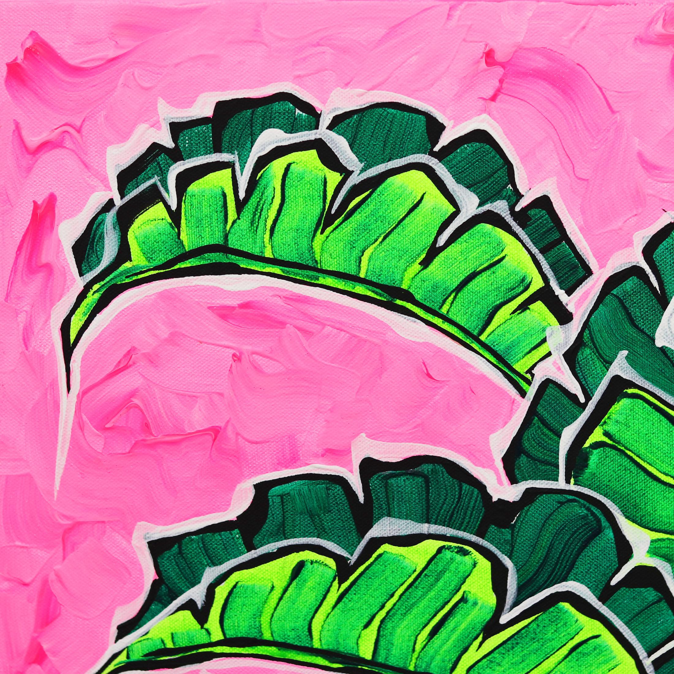 Peinture originale de palmier vert sur rose dans un bol bleu « Pink Sky III » - Pop Art Painting par Jonjo Elliott