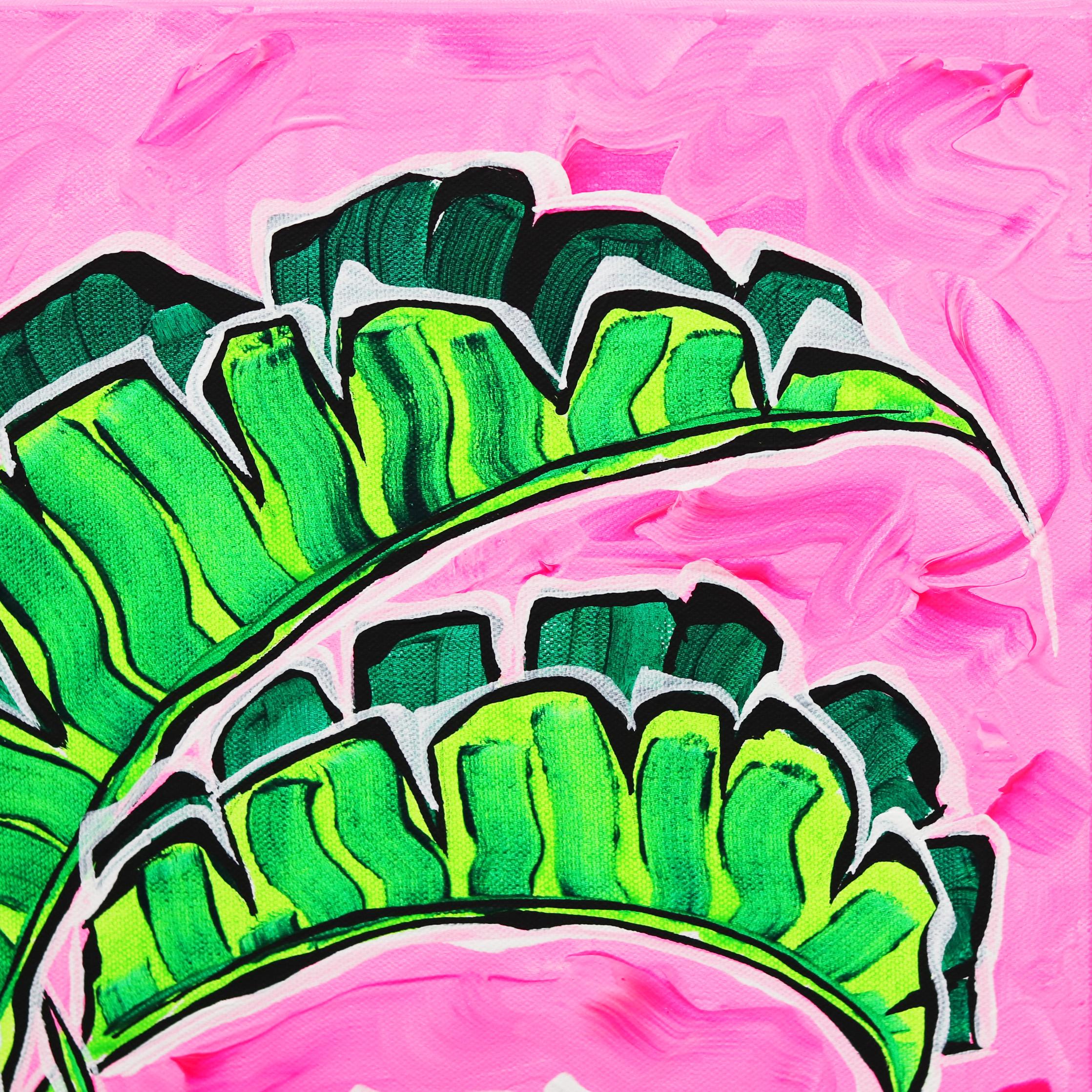 Pink Sky III - Colorful Original Green Palm on Pink in Blue Bowl Painting For Sale 2
