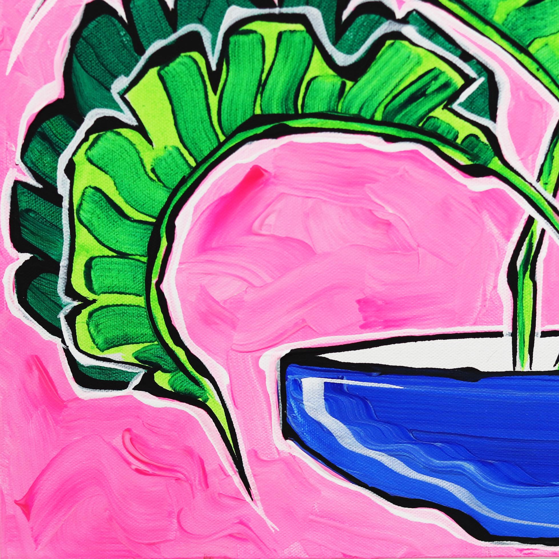 Pink Sky III - Colorful Original Green Palm on Pink in Blue Bowl Painting For Sale 4