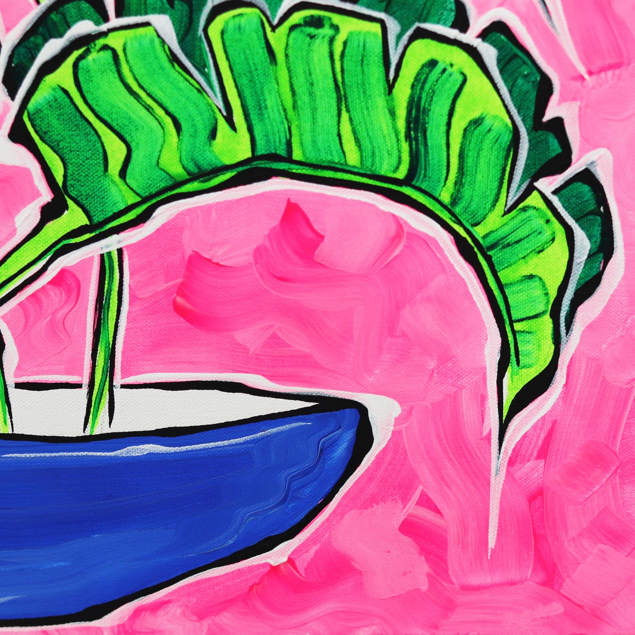 Rosa Himmel III – farbenfrohes Original-Gemälde mit grüner Palme auf Rosa in Schale im Angebot 3