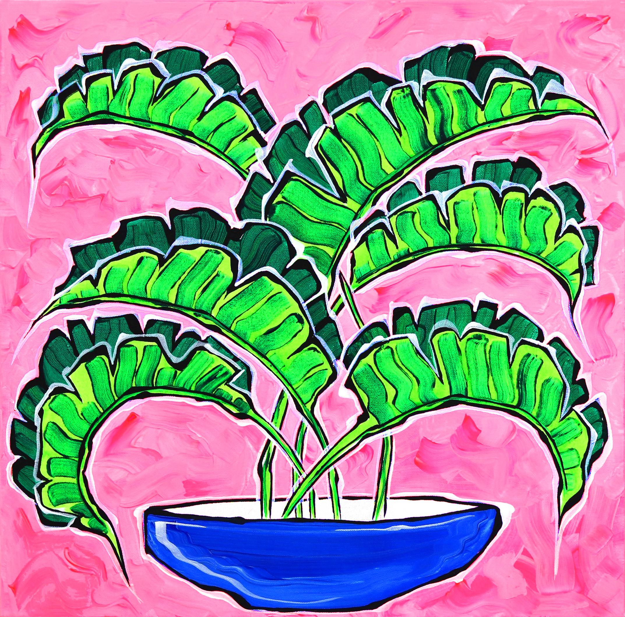Pink Sky III - Colorful Original Green Palm on Pink in Blue Bowl Painting