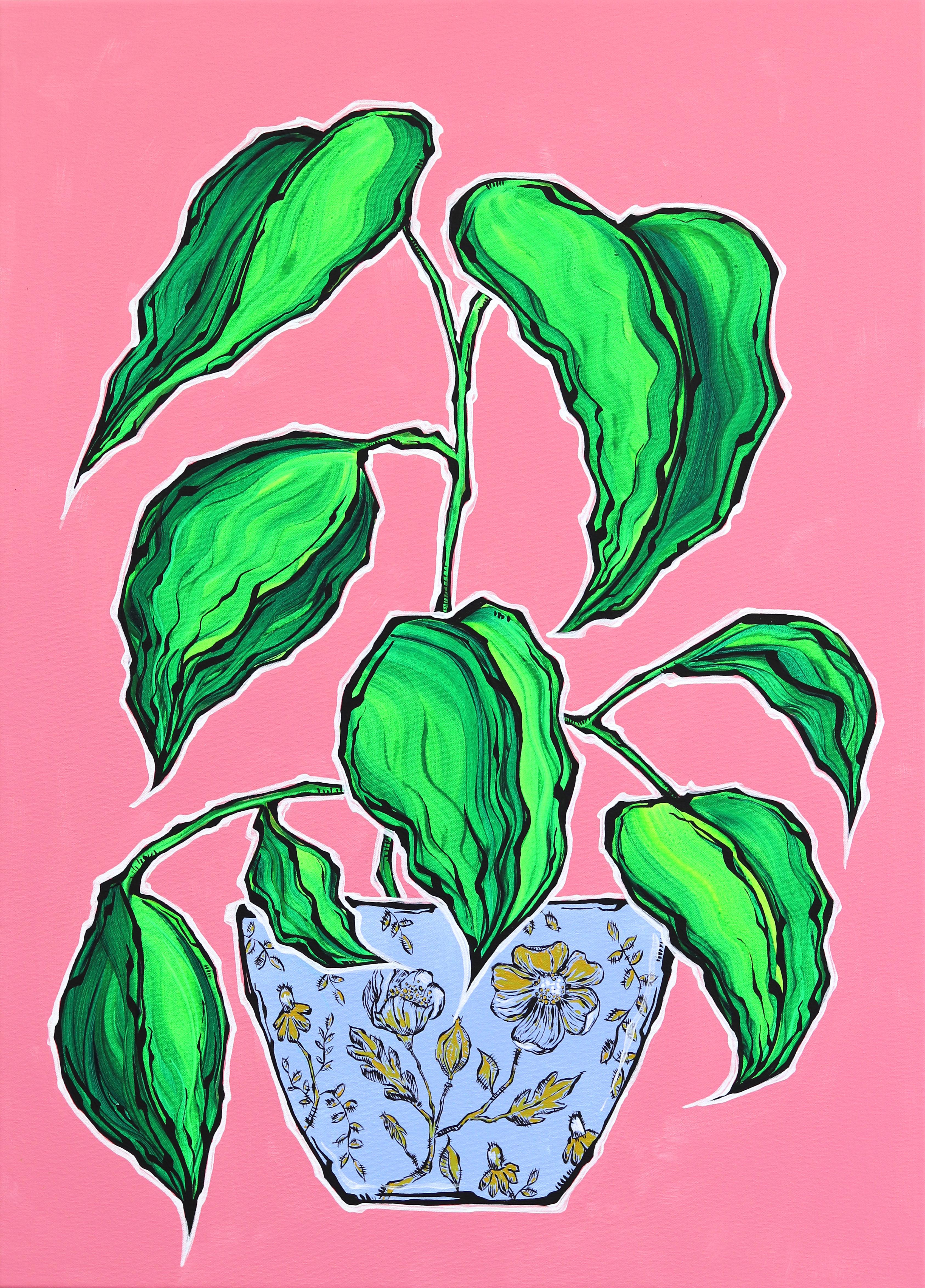 Still-Life Painting di Jonjo Elliott - Plante Verde - Colorful Vibrant Contemporary Botanical Plant Still Life Painting