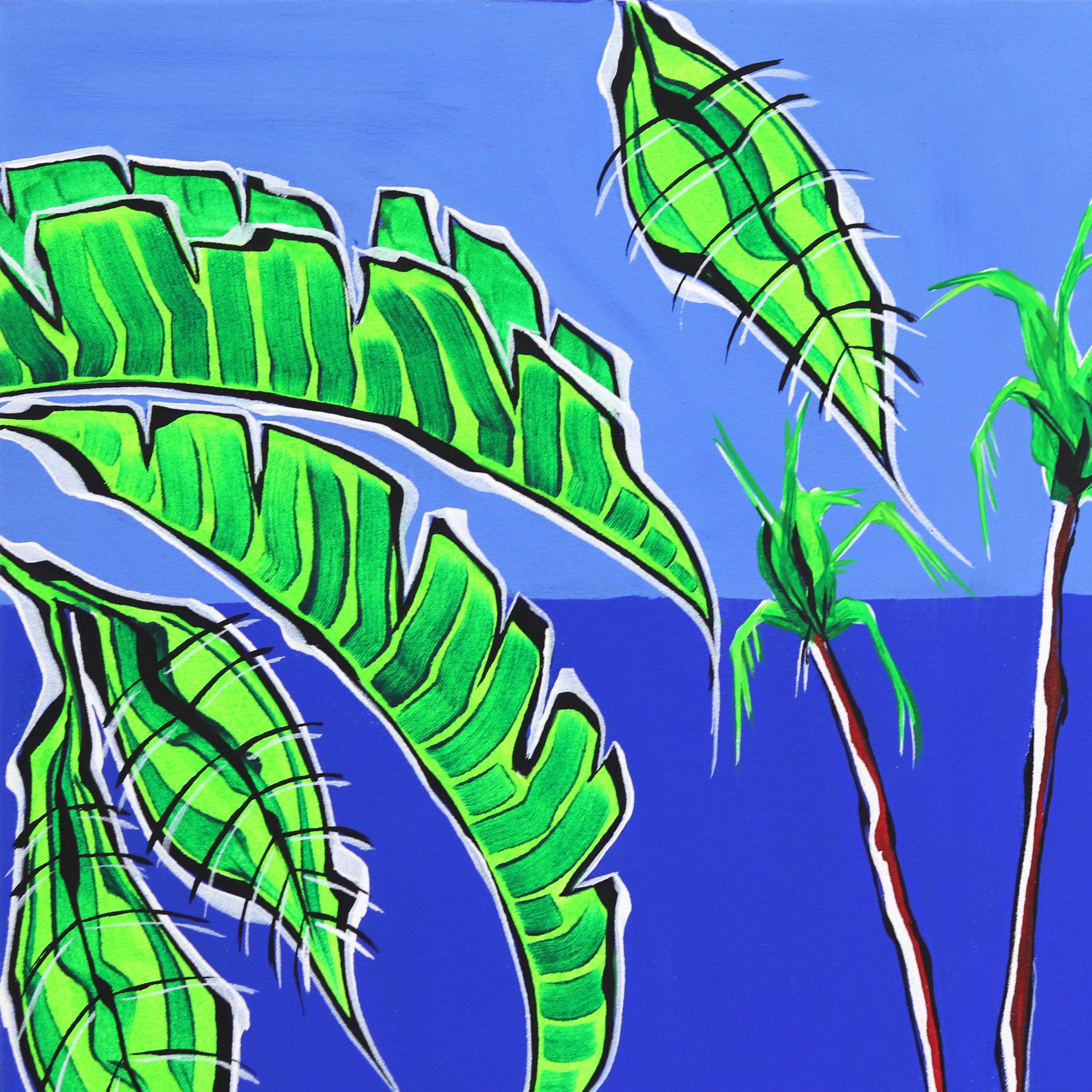Six Palms II - Large Colorful Original Modern Home and Pool Painting  - Blue Figurative Painting by Jonjo Elliott