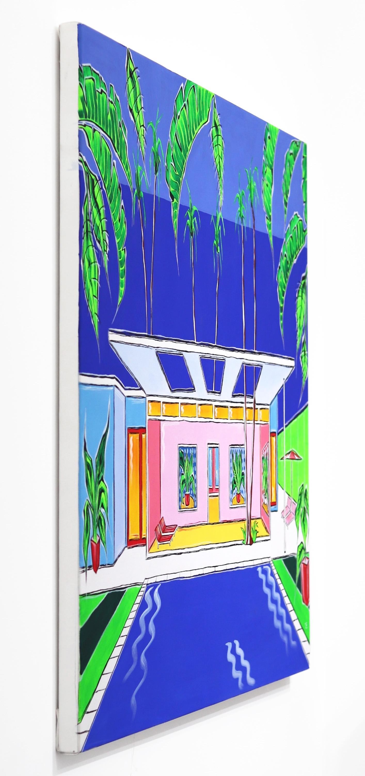 Six Palms II - Grande peinture colorée originale d'une maison et d'un piscine  - Bleu Figurative Painting par Jonjo Elliott