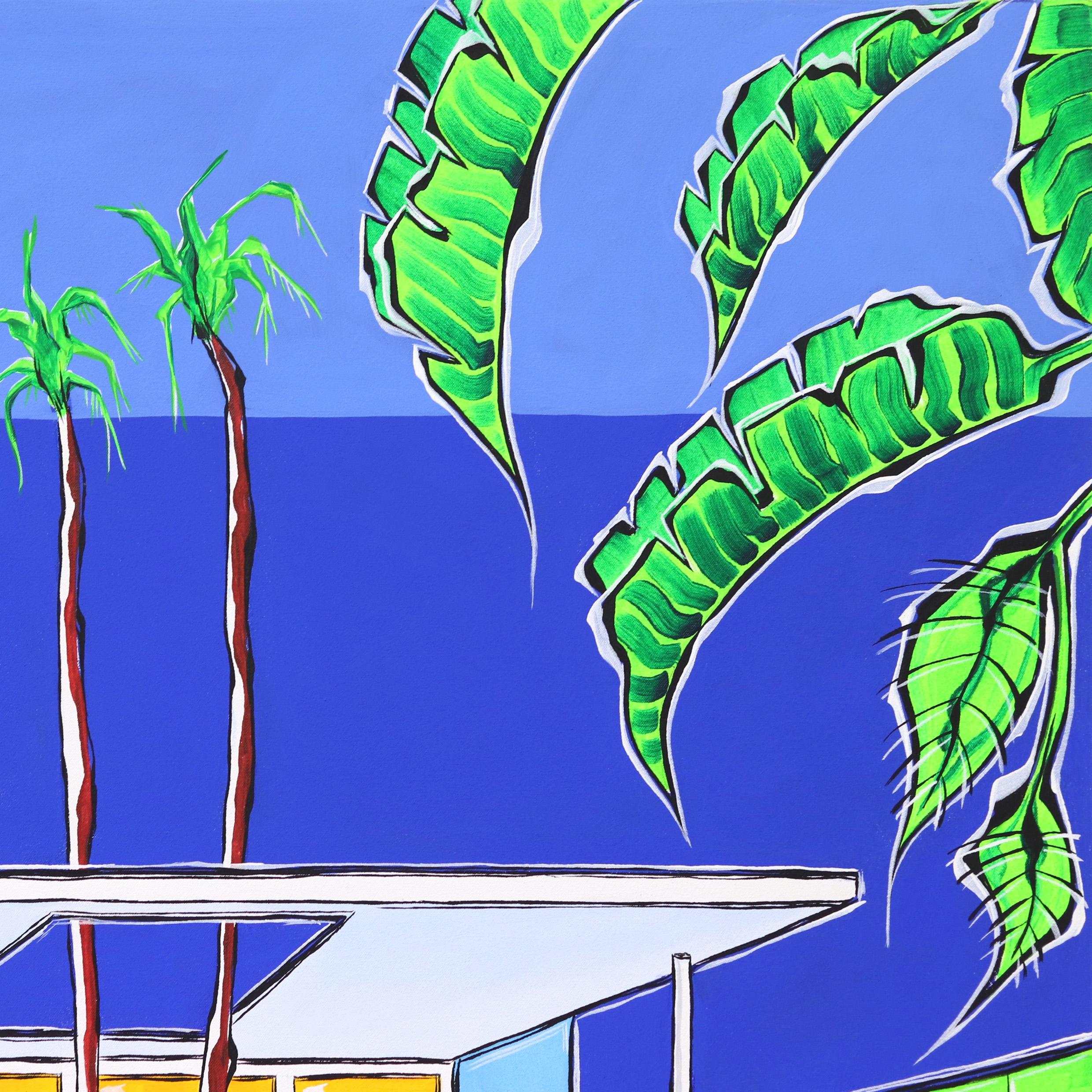 Six Palms II - Large Colorful Original Modern Home and Pool Painting  For Sale 1
