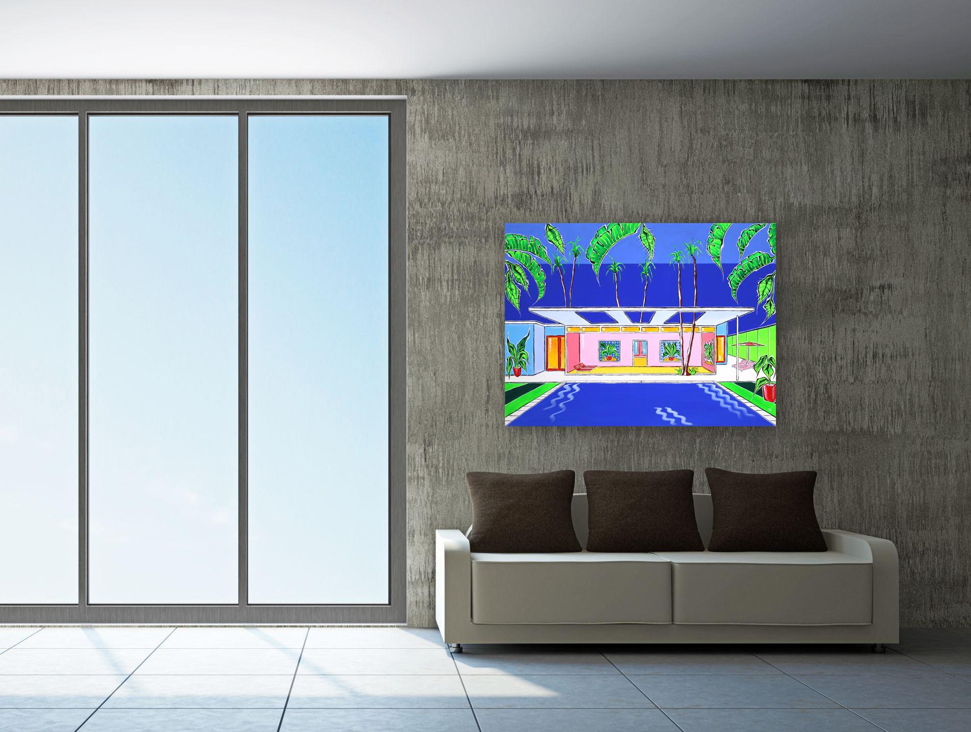 Six Palms II - Grande peinture colorée originale d'une maison et d'un piscine  en vente 1