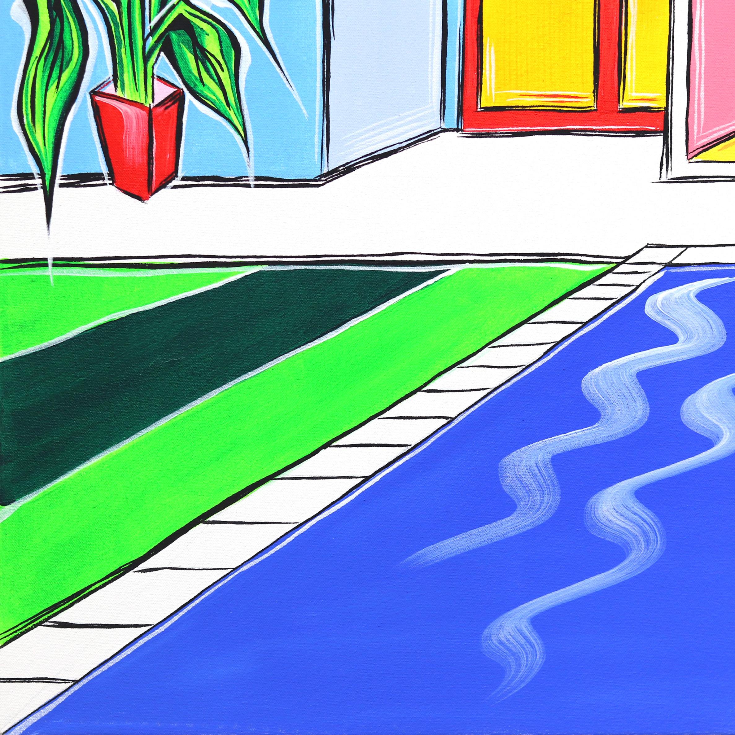 Six Palms II - Grande peinture colorée originale d'une maison et d'un piscine  en vente 2
