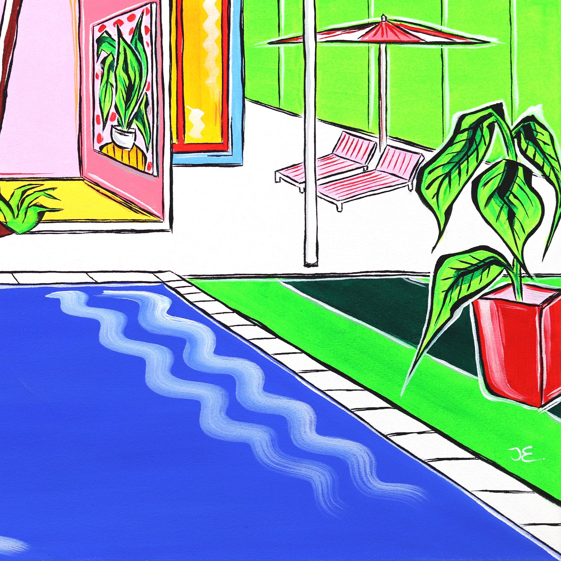 Six Palms II - Grande peinture colorée originale d'une maison et d'un piscine  en vente 3