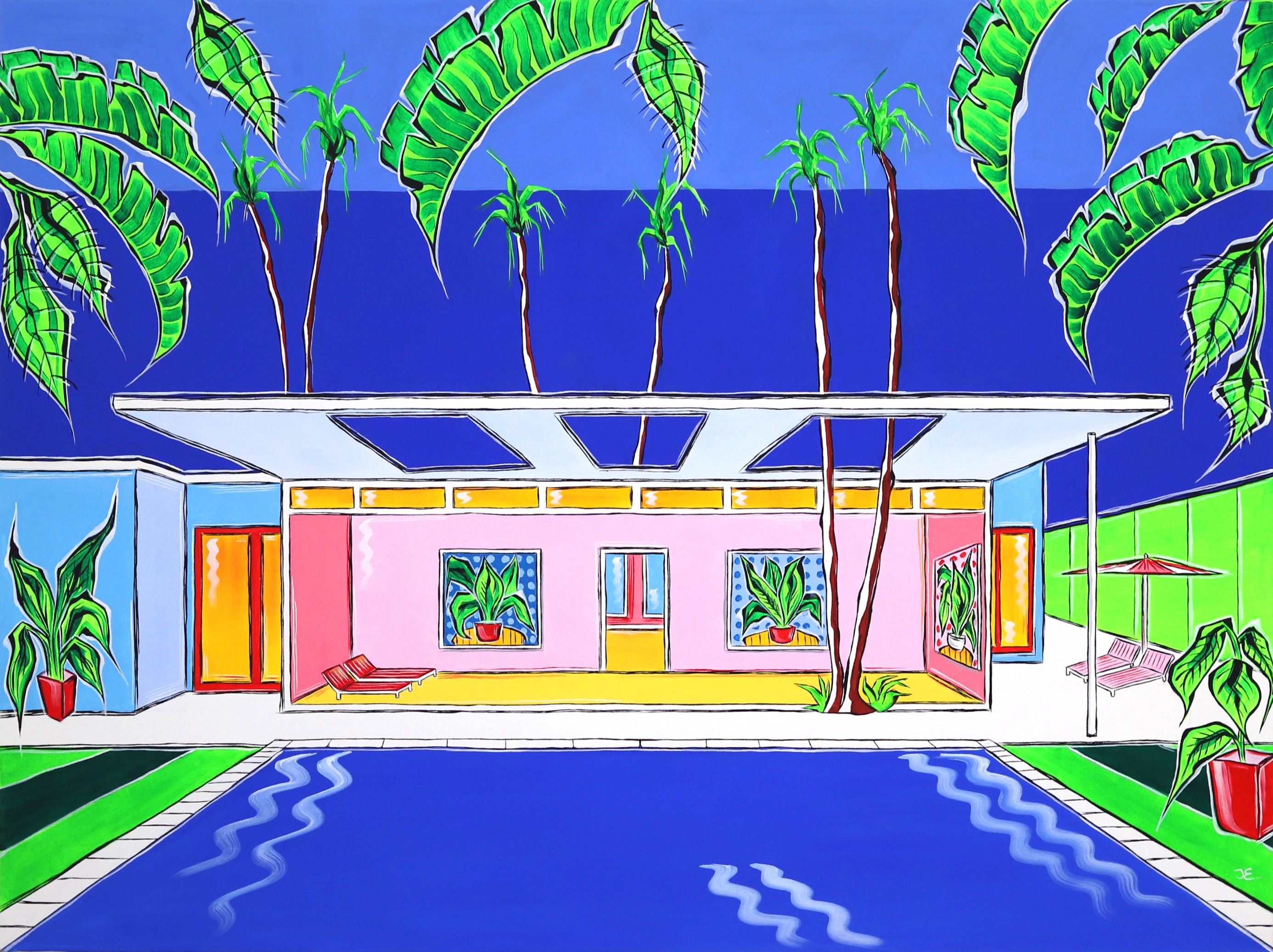 Seis palmeras II - Pintura original grande y colorida sobre una casa moderna y una piscina 