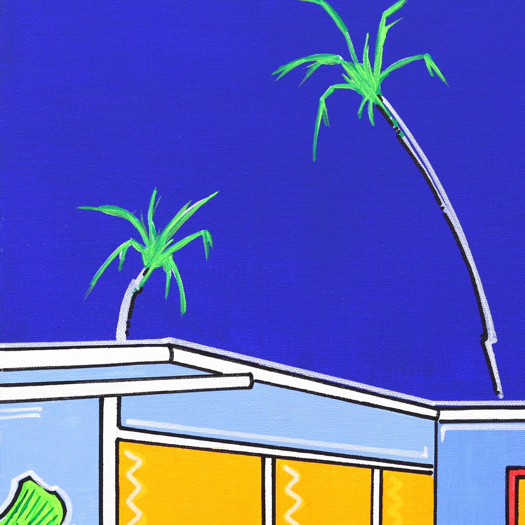 Peinture originale d'été 2 - Bleu et jaune vifs représentant une maison et un piscine - Pop Art Painting par Jonjo Elliott