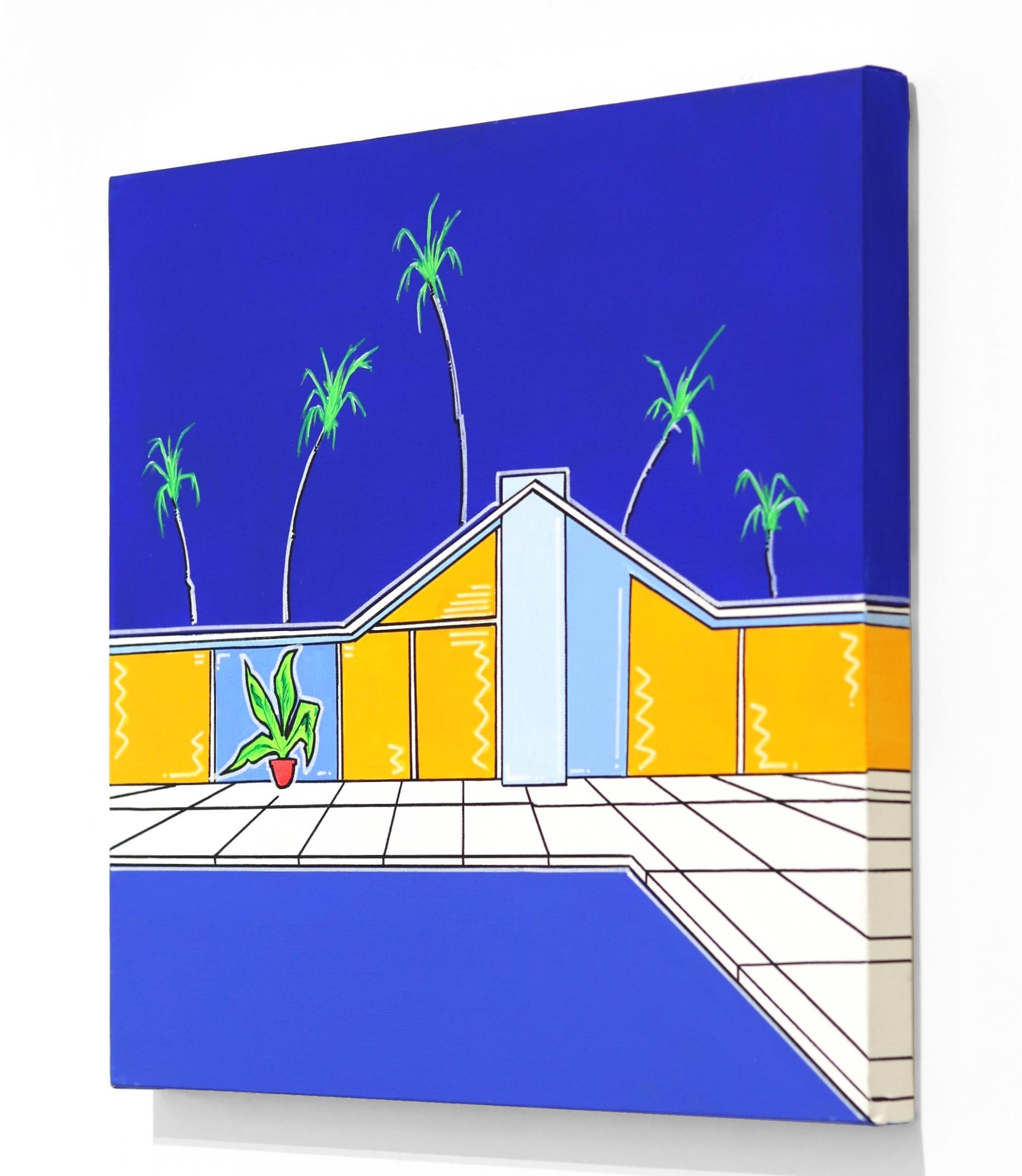 Sommer 2 – Lebendiges blaues und gelbes Original-Modern-Haus- und Poolgemälde (Violett), Interior Painting, von Jonjo Elliott