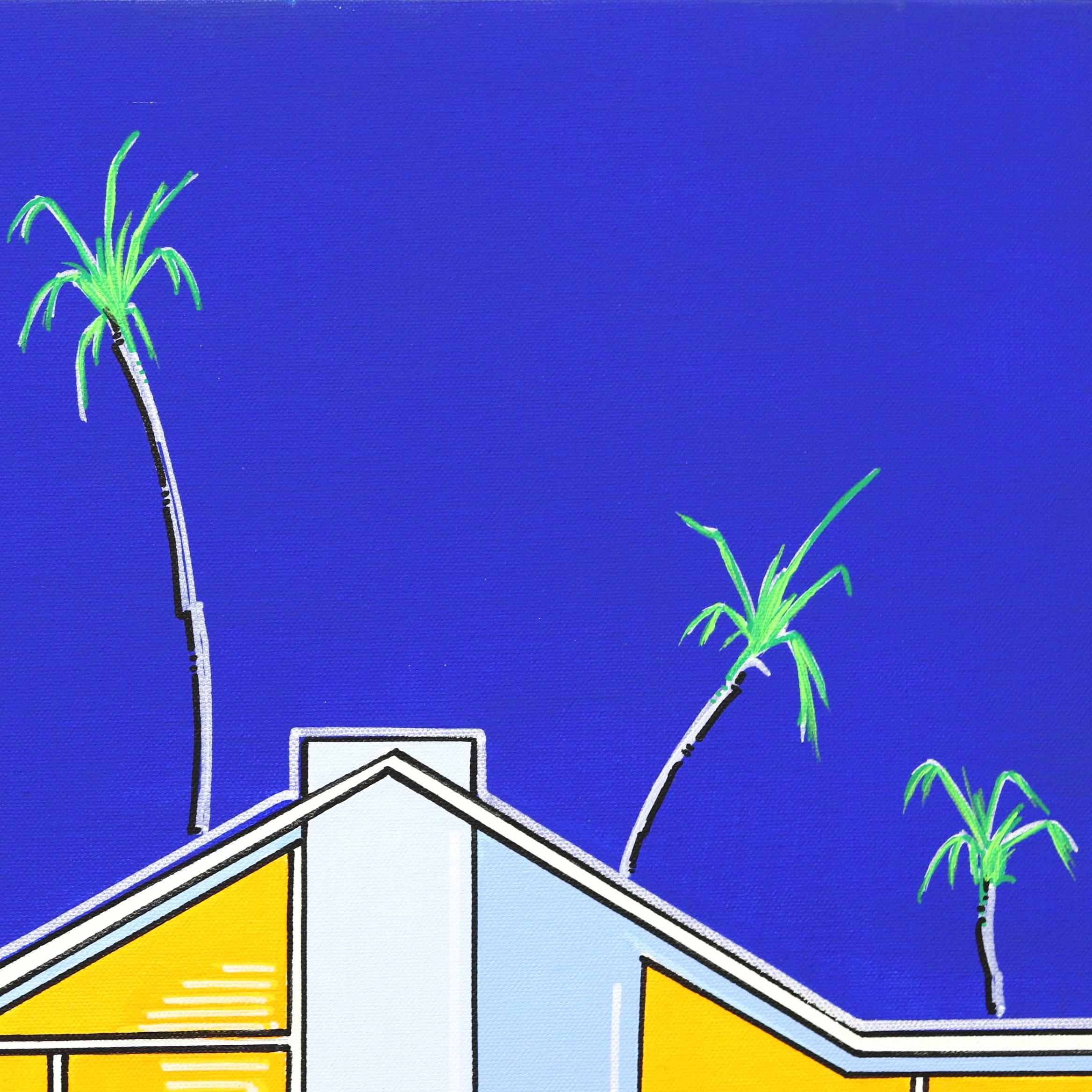 Summers 2 - Vibrant Blue and Yellow Original Modern Home and Pool Painting - Purple Interior Painting by Jonjo Elliott