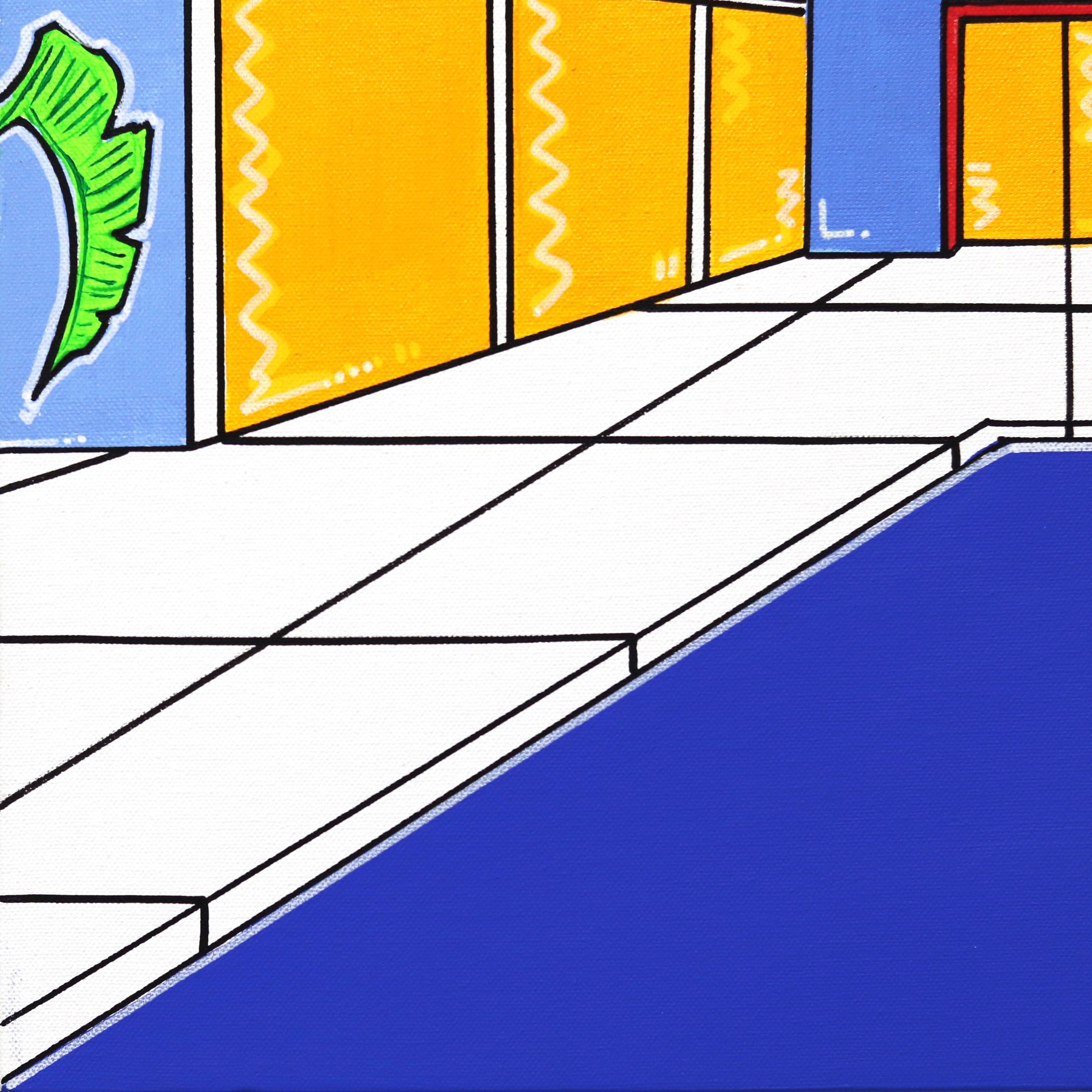 Summers 2 - Vibrant Blue and Yellow Original Modern Home and Pool Painting For Sale 1