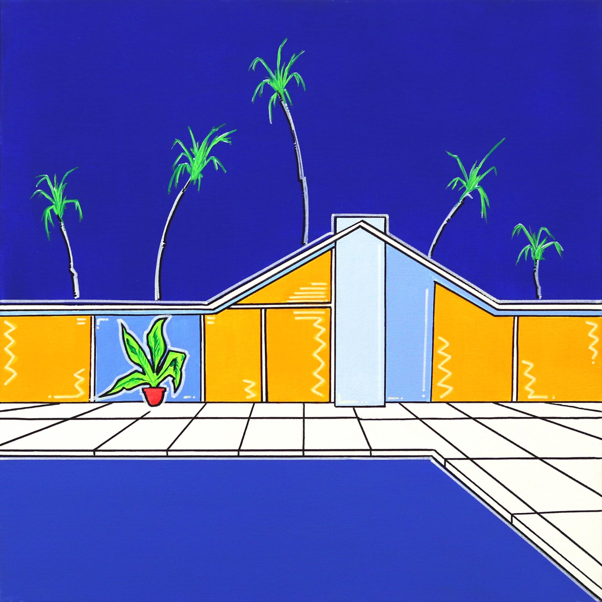 Interior Painting Jonjo Elliott - Peinture originale d'été 2 - Bleu et jaune vifs représentant une maison et un piscine