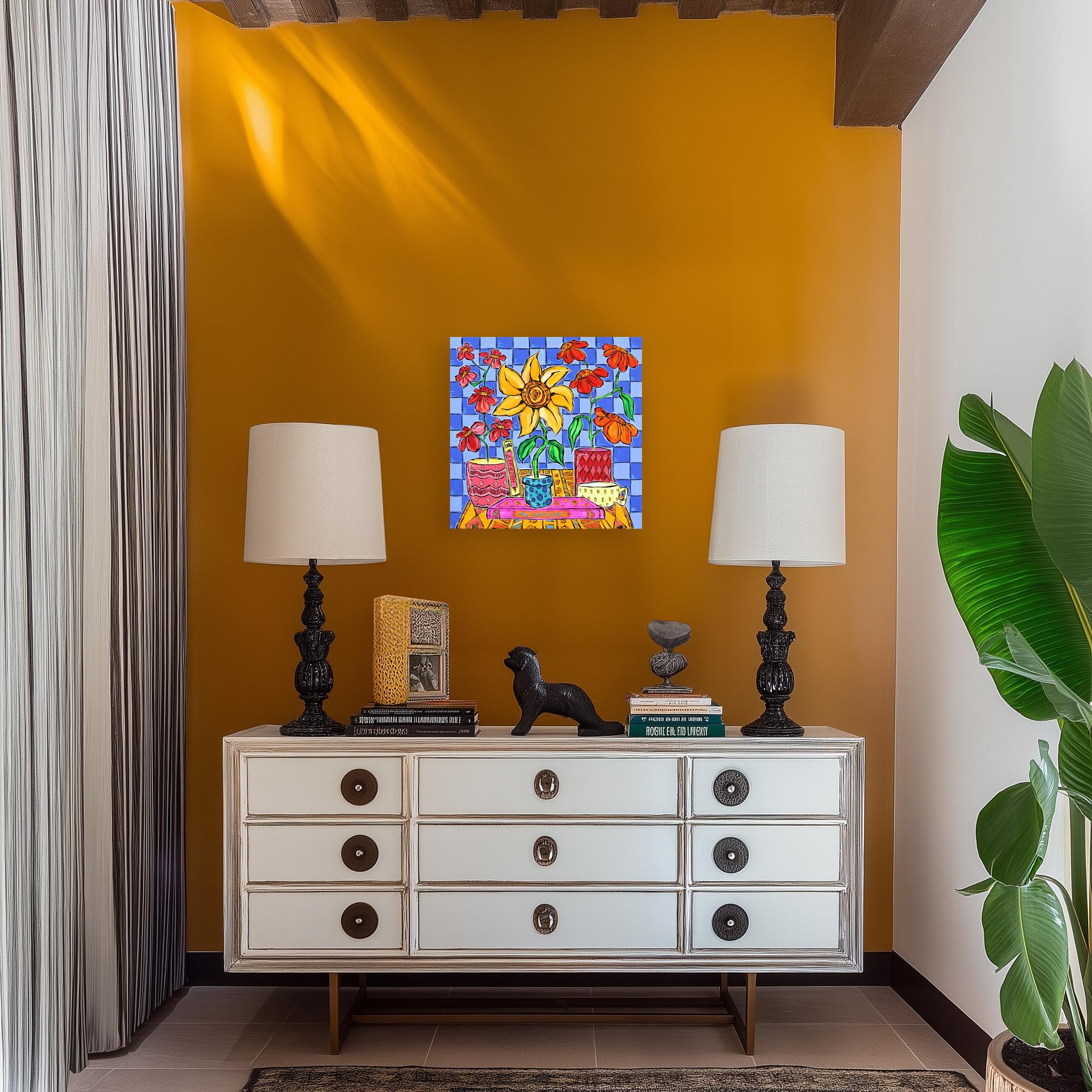 Sunflower - Abstract Vibrant Colorful Botanical Still Life Acrylic Painting - Gray Abstract Painting by Jonjo Elliott