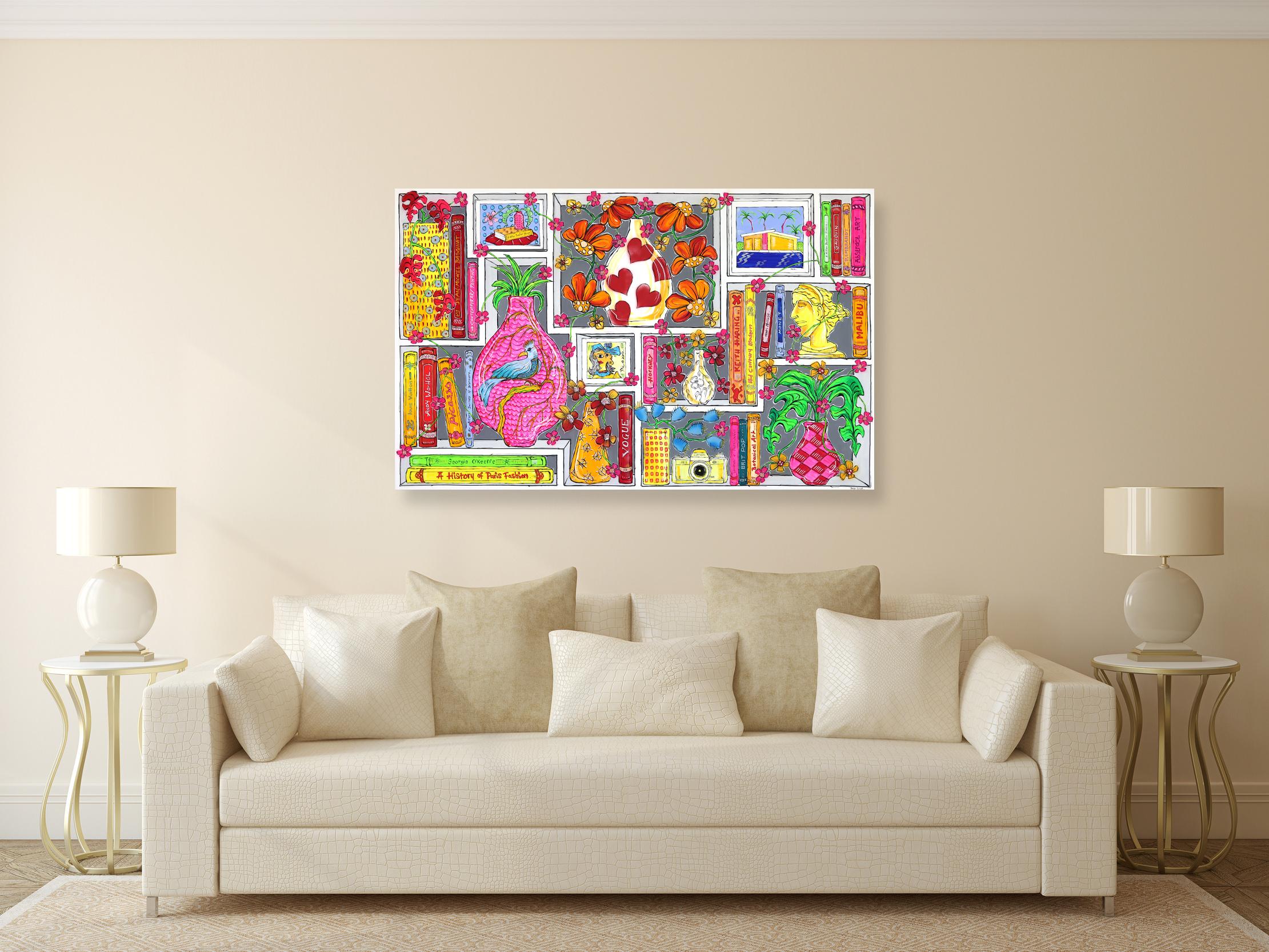 The Beauty of Life - Abstract Colorful Bookshelf Still Life Acrylic Painting - Beige Still-Life Painting by Jonjo Elliott