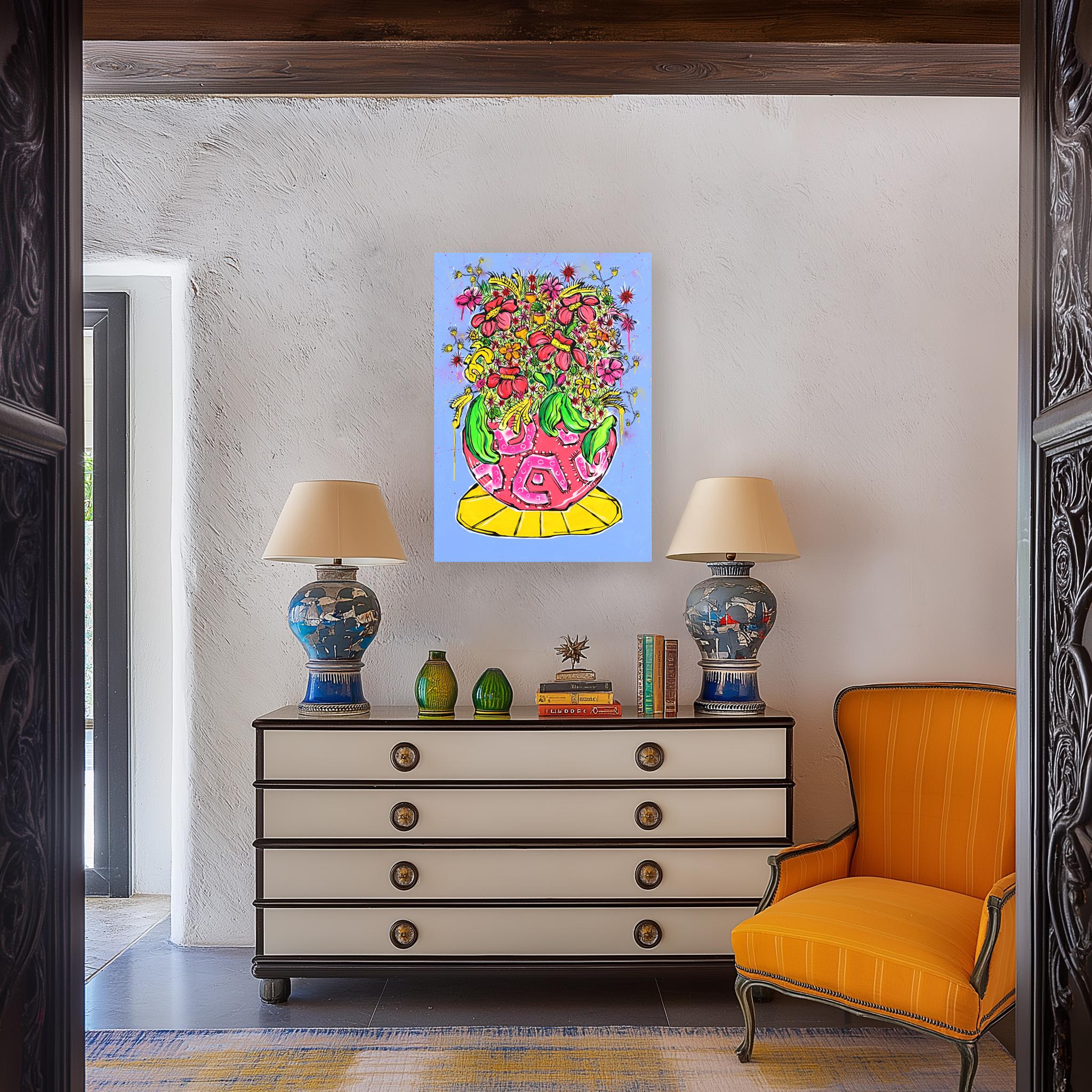 The Day We Ran Away - Abstract Colorful Botanical Floral Still Life Painting - Gray Still-Life Painting by Jonjo Elliott