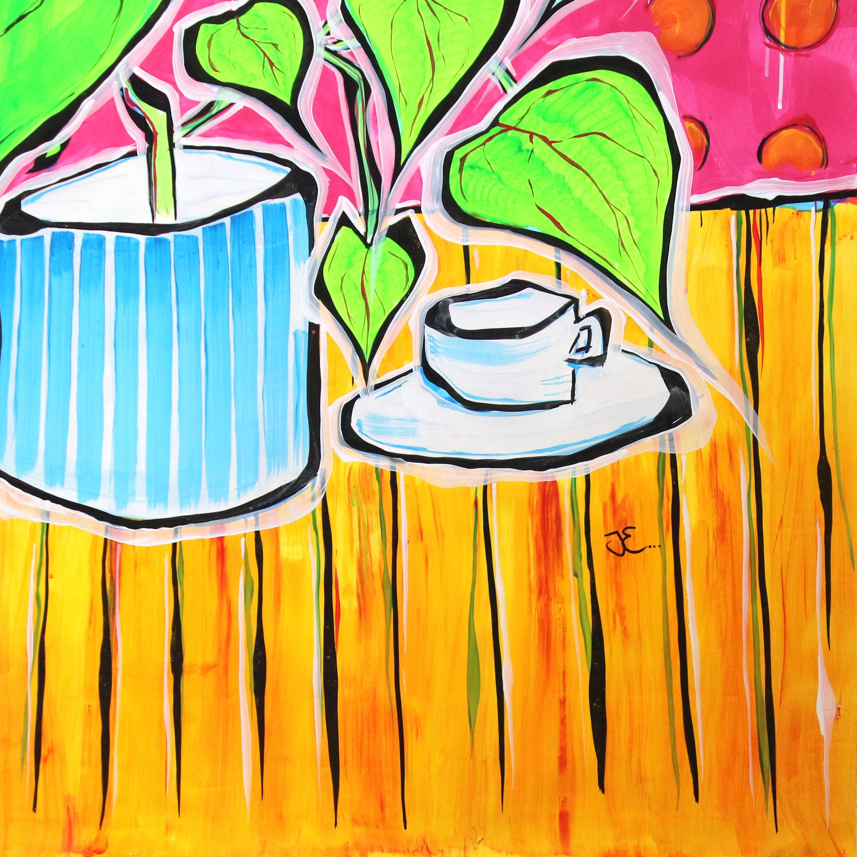 Dos libras en el pozo de los deseos - Gran bodegón contemporáneo vibrante - Painting Arte pop de Jonjo Elliott