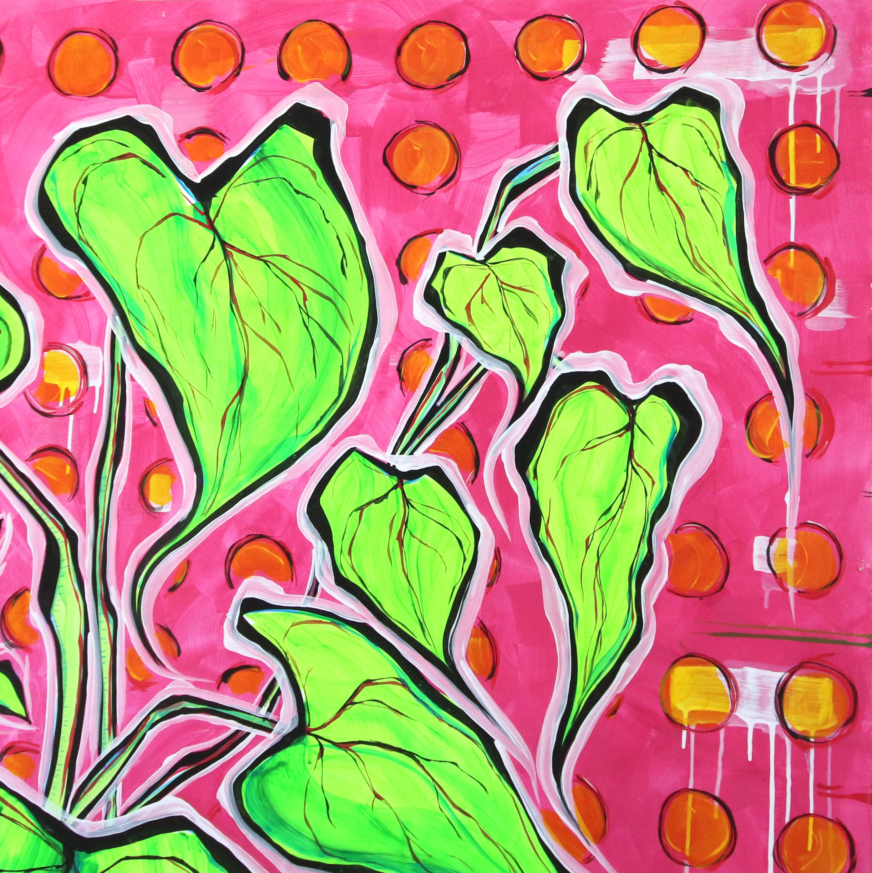 Dos libras en el pozo de los deseos - Gran bodegón contemporáneo vibrante - Abstract Painting Beige de Jonjo Elliott