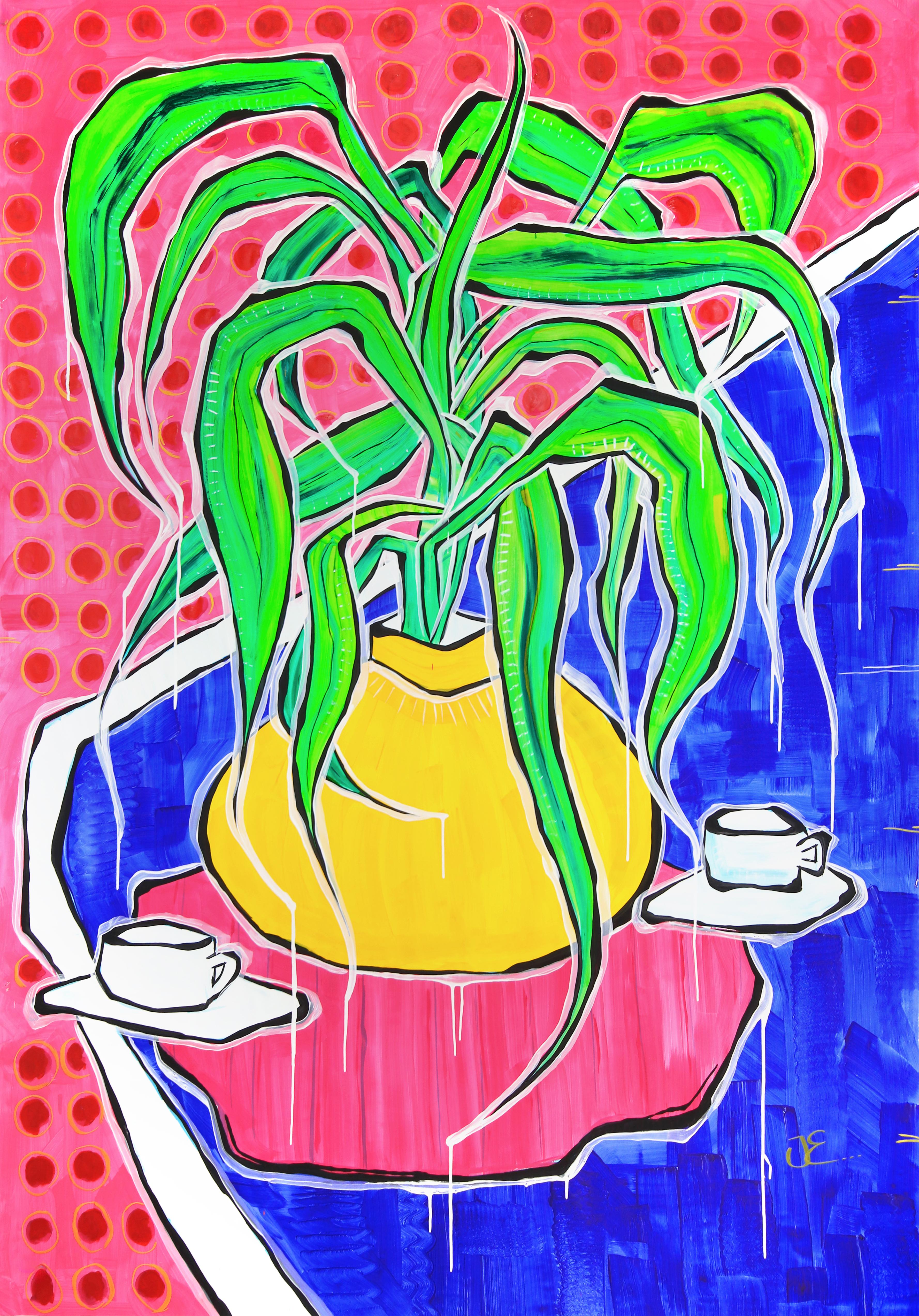 Still-Life Painting Jonjo Elliott - Qui a déménagé ma chaise ? - Grande nature morte contemporaine originale et vibrante