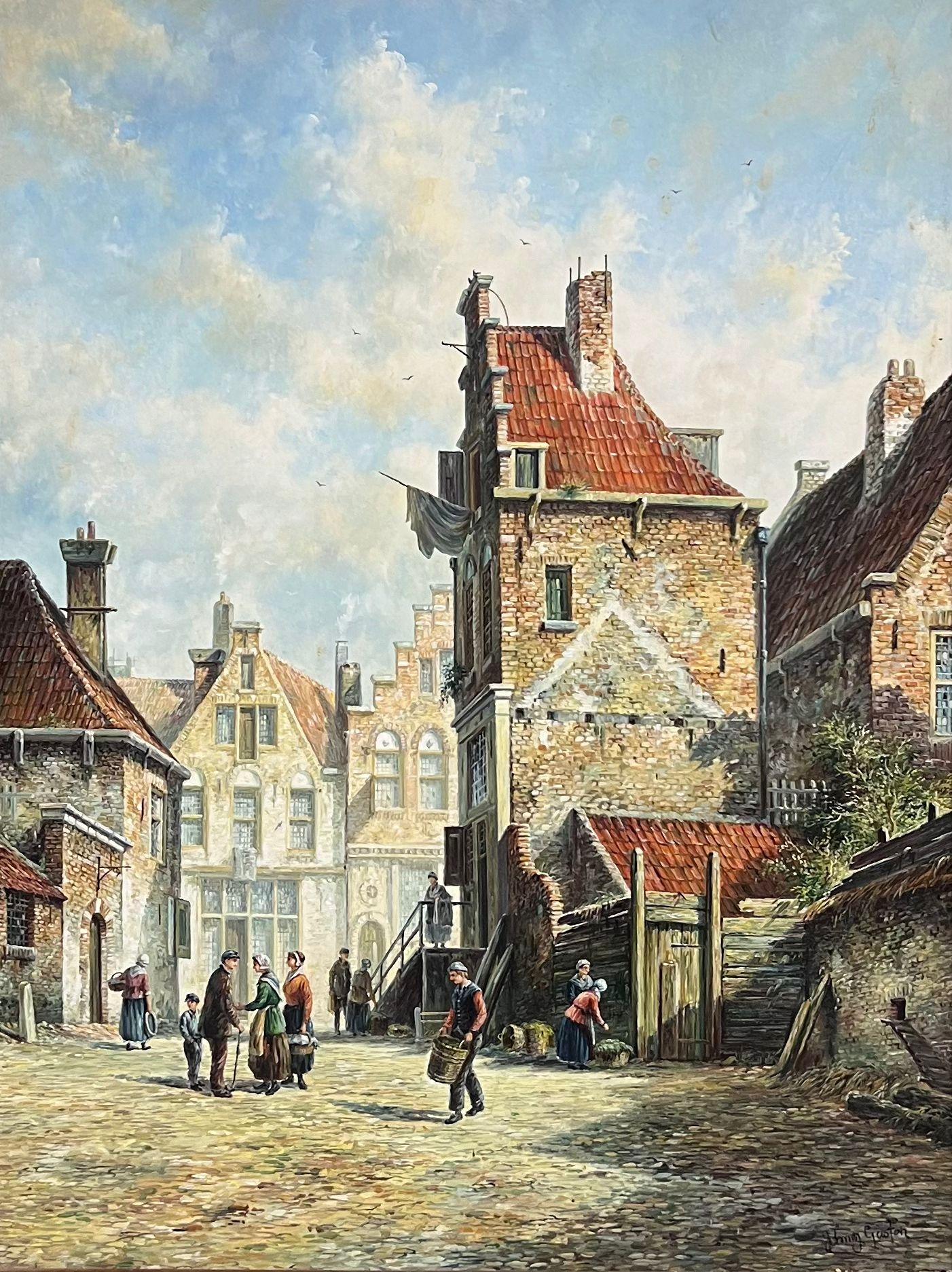 Huile classique hollandaise sur la rue d'une vieille ville avec des personnages et des bâtiments anciens, signée et encadrée - Painting de Jonny Gaston