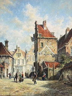 Classical Dutch Old City Street Scene Figures Old Buildings Signed & Framed Oil